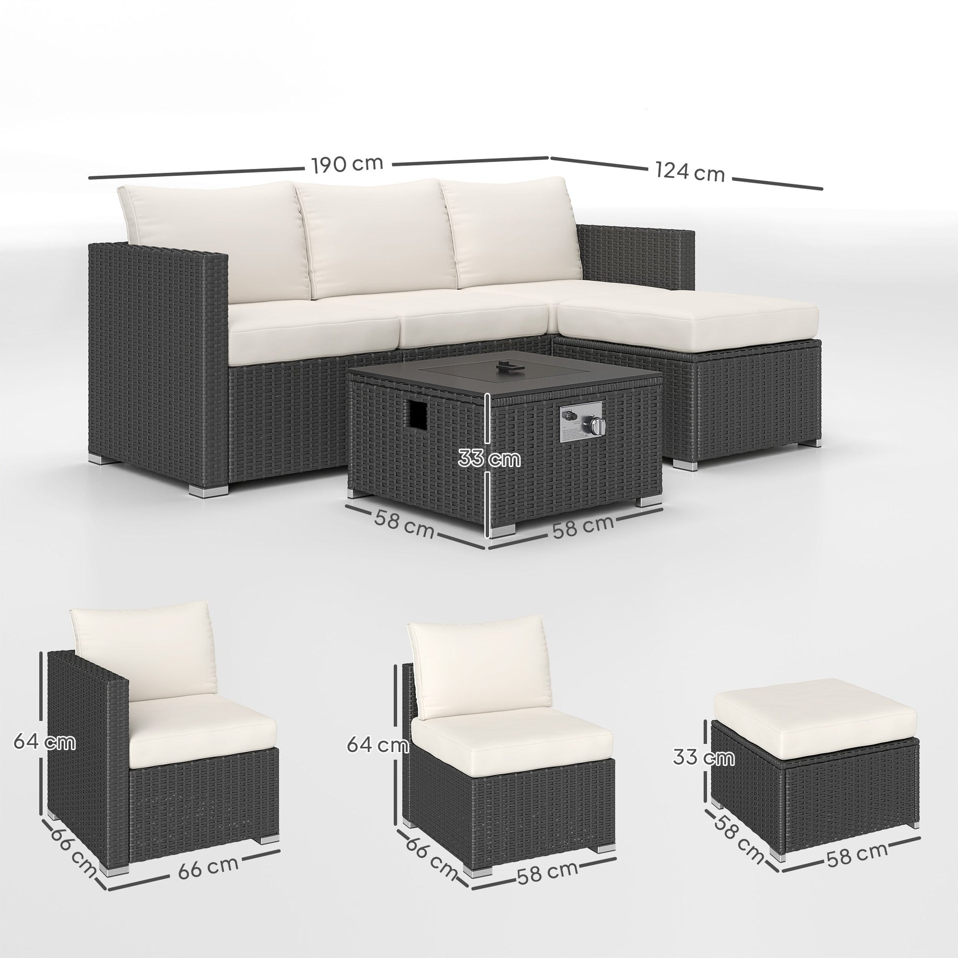 5 Piece Rattan Garden Furniture Set with Gas Fire Pit Table, 4 Seater Outdoor Sectional Sofa Set with Footstool and Removable Cushions, Modular Combination, Black and Cream White