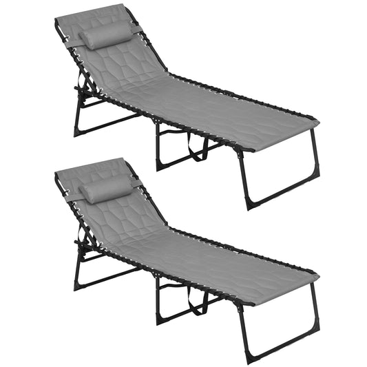 2 Piece Foldable Sun Lounger Set with 5-level Reclining Back, Outdoor Tanning Chairs Sun Loungers with Build-in Padded Seat, Side Pocket, Headrest for Beach, Yard, Patio, Grey
