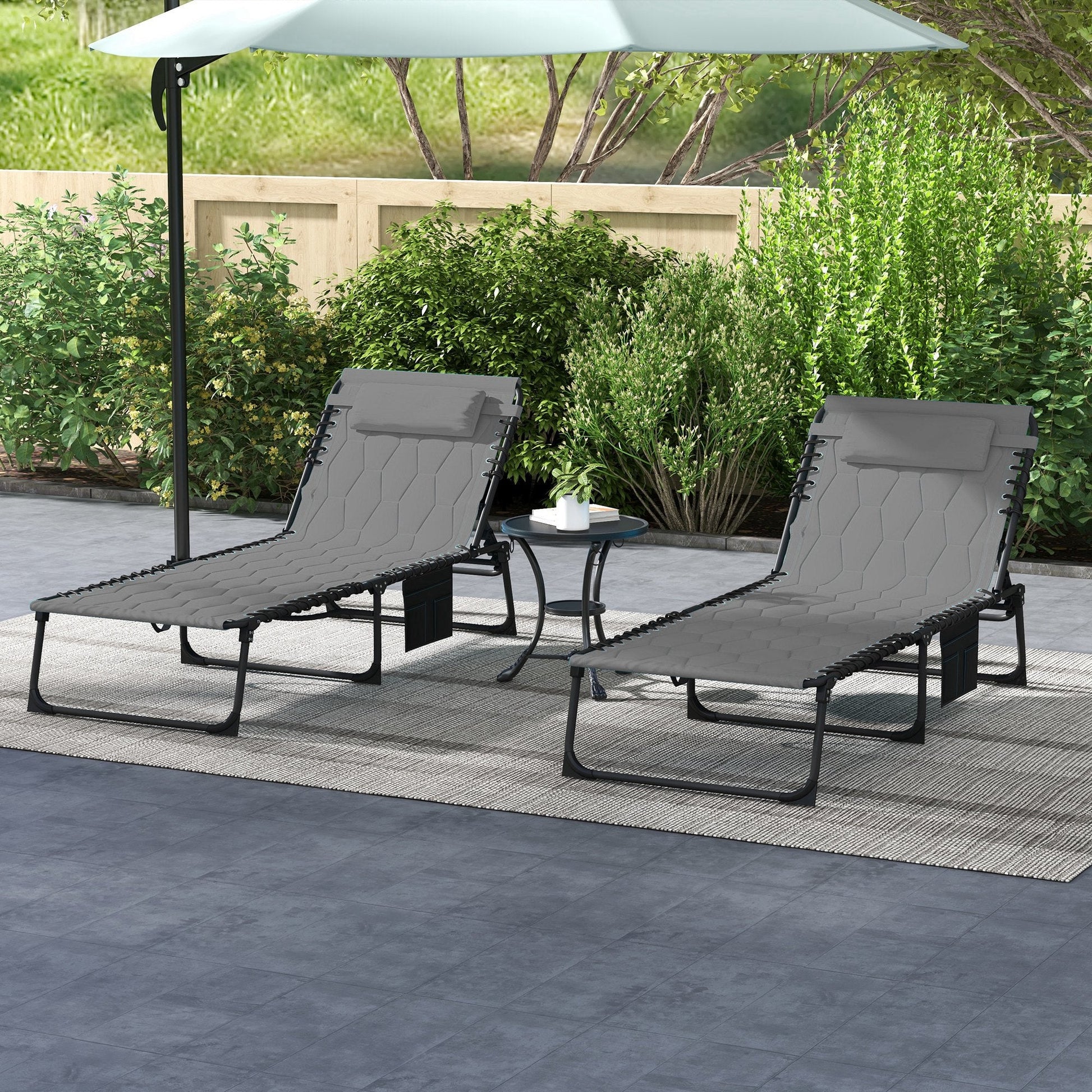 2 Piece Foldable Sun Lounger Set with 5-level Reclining Back, Outdoor Tanning Chairs Sun Loungers with Build-in Padded Seat, Side Pocket, Headrest for Beach, Yard, Patio, Grey