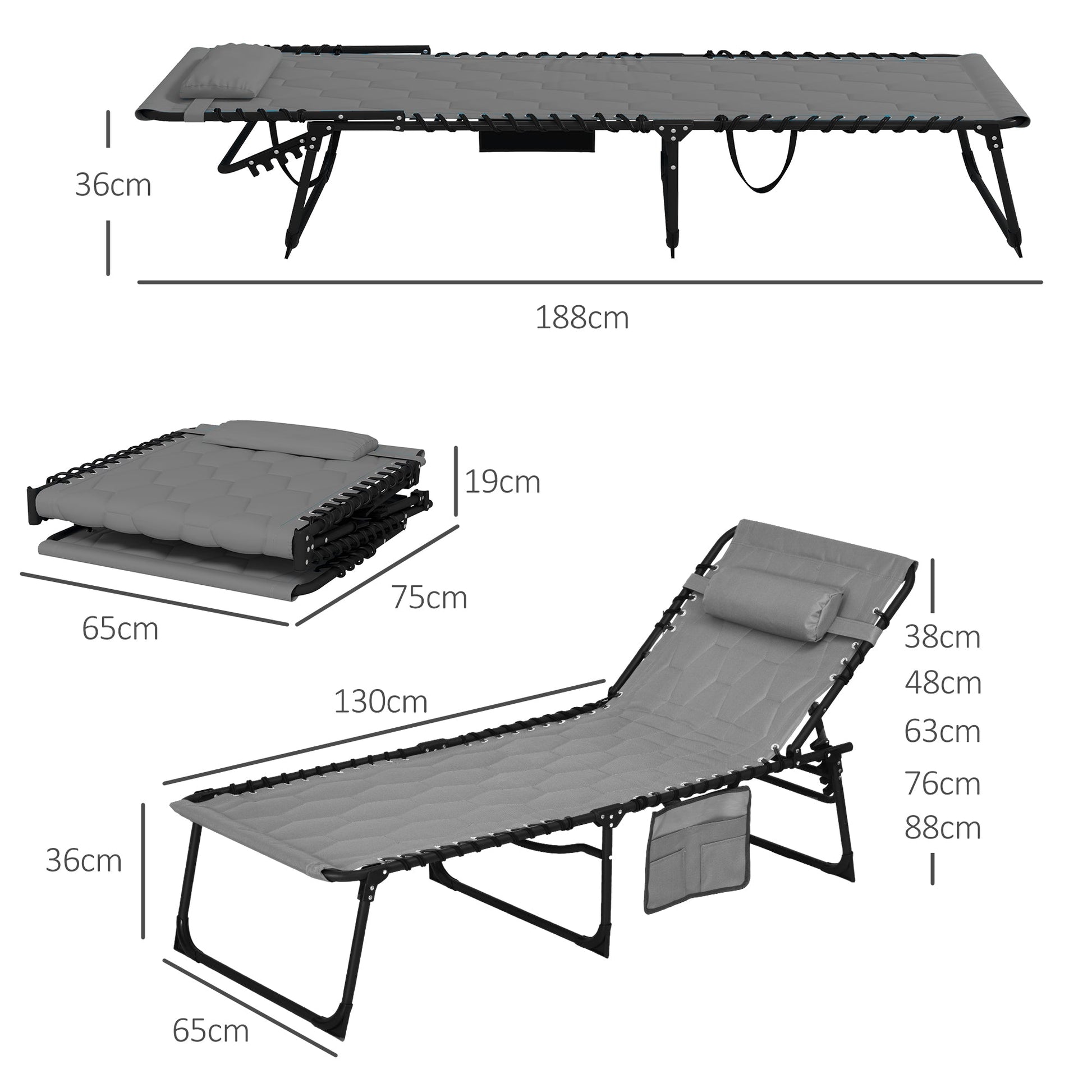 2 Piece Foldable Sun Lounger Set with 5-level Reclining Back, Outdoor Tanning Chairs Sun Loungers with Build-in Padded Seat, Side Pocket, Headrest for Beach, Yard, Patio, Grey