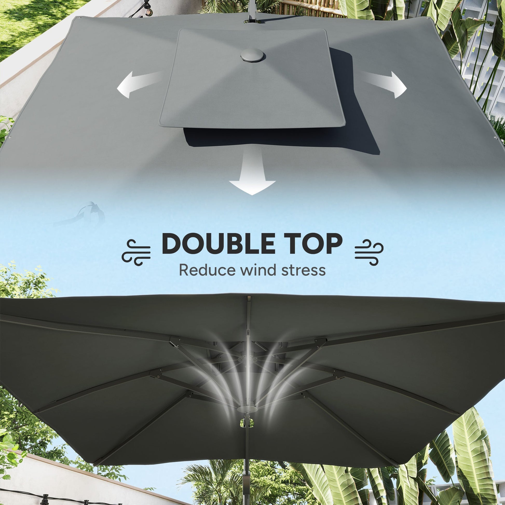 3(m) Cantilever Parasol with Hydraulic Opening, Heavy Duty Aluminium Hanging Garden Parasol, Double Top Square Patio Umbrella with 360° Rotation, 8 Ribs, Cross Base, Grey