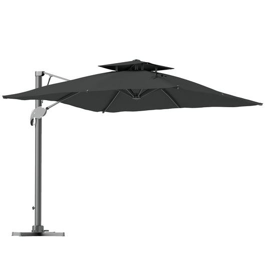 3(m) Cantilever Parasol with Hydraulic Opening, Heavy Duty Aluminium Hanging Garden Parasol, Double Top Square Patio Umbrella with 360° Rotation, 8 Ribs, Cross Base, Grey