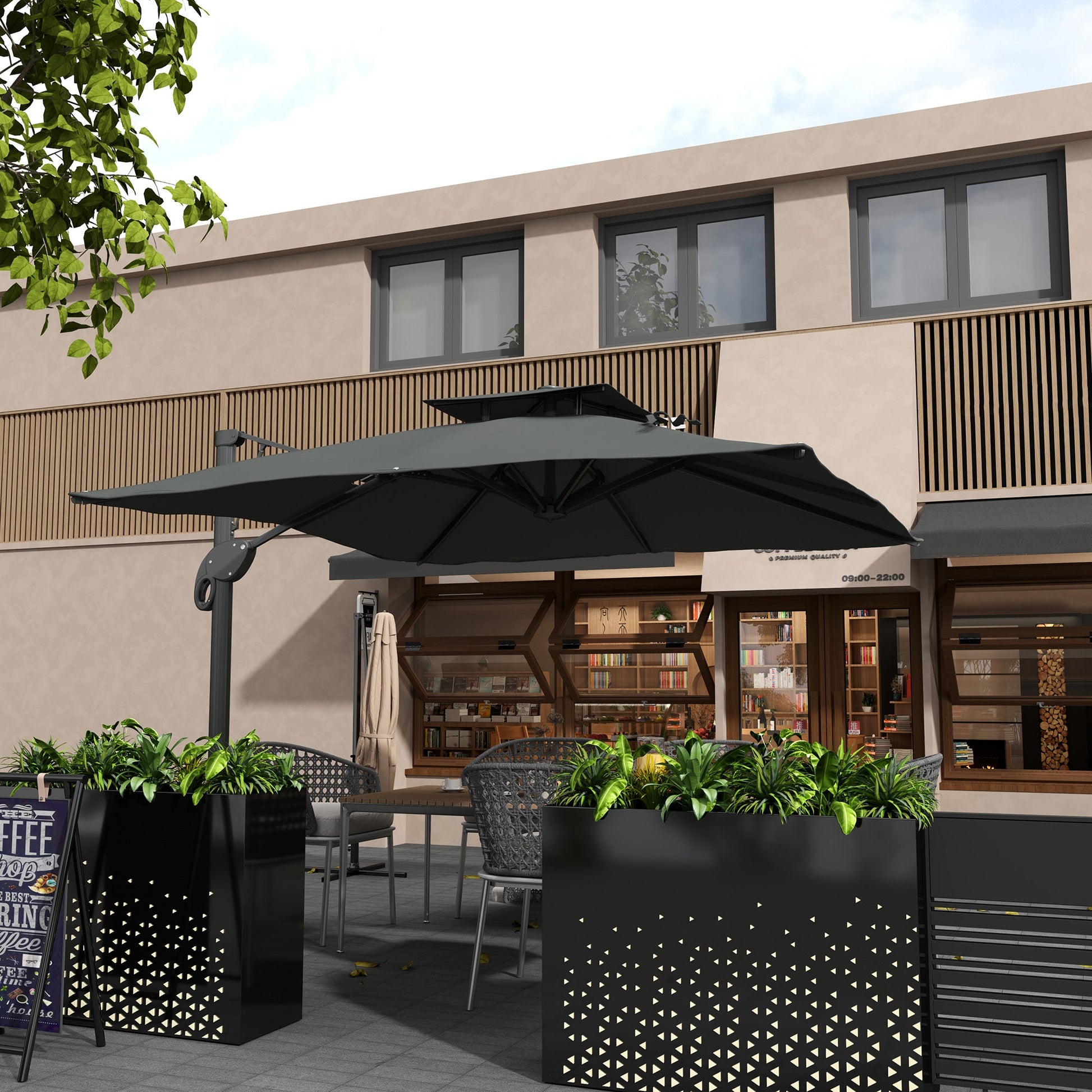 3(m) Cantilever Parasol with Hydraulic Opening, Heavy Duty Aluminium Hanging Garden Parasol, Double Top Square Patio Umbrella with 360° Rotation, 8 Ribs, Cross Base, Grey