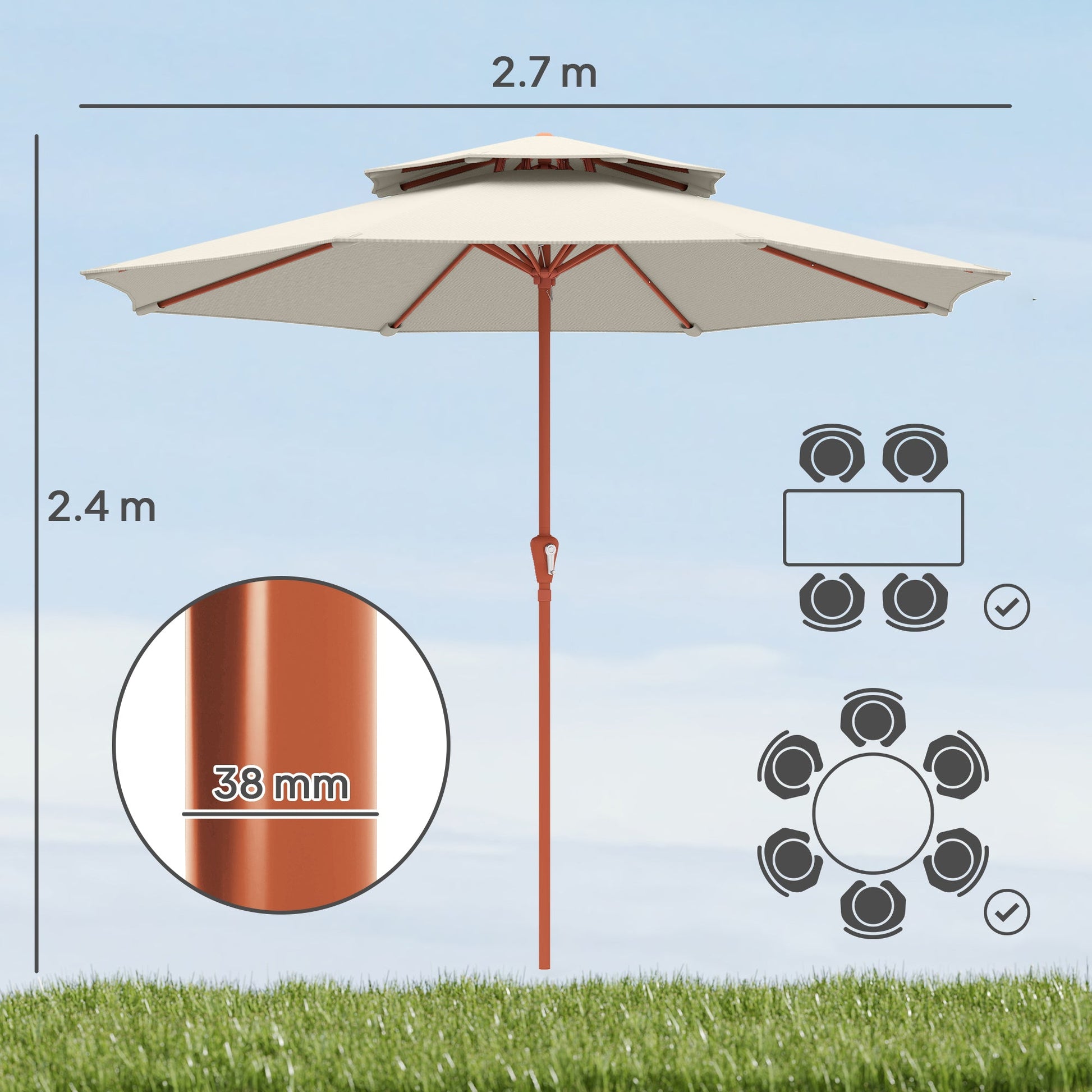 Patio Umbrella with Crank, Double Top Outdoor Market Table Umbrella for Garden, Patio,104'' x 104'', Cream White
