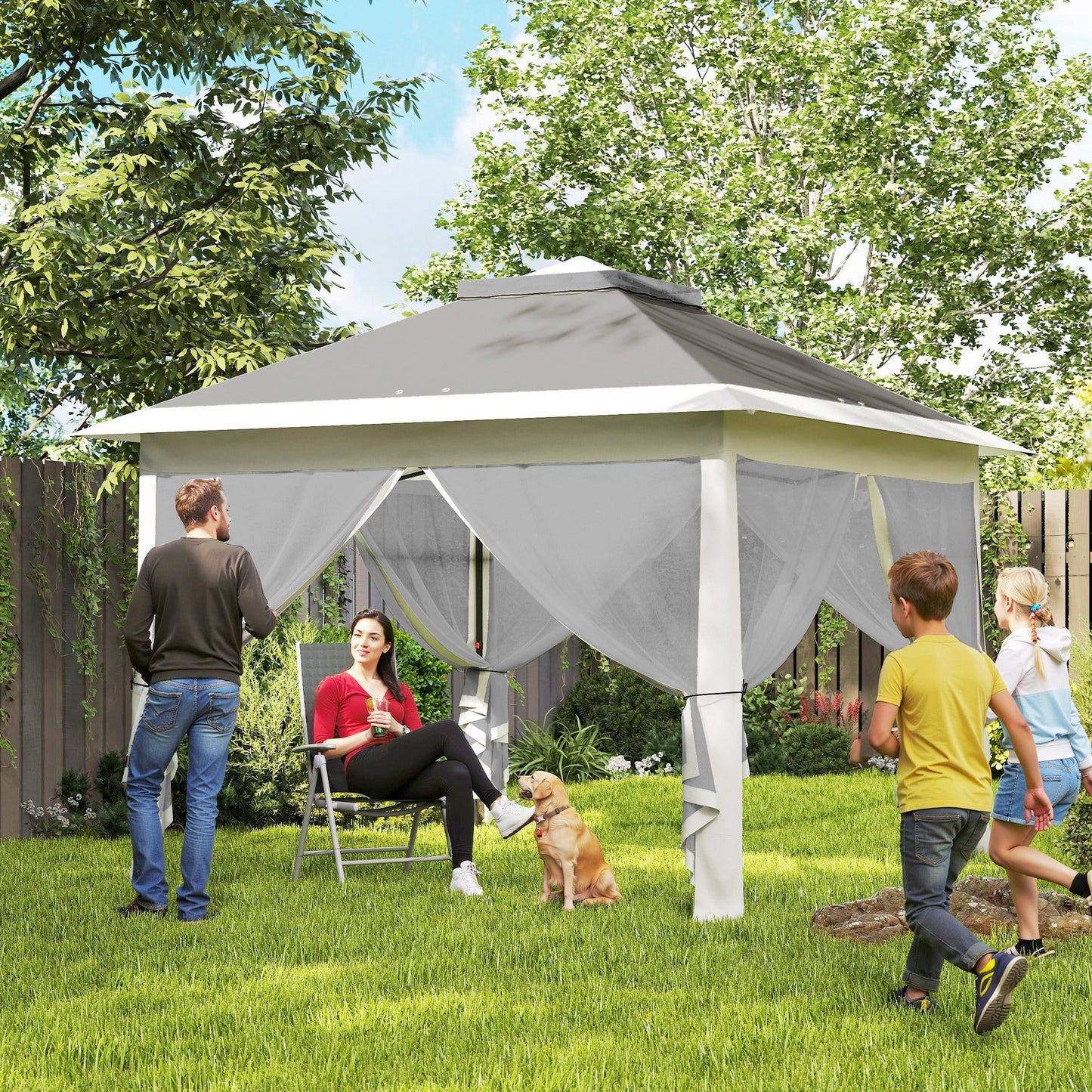 3.3 x 3.3m Pop Up Gazebo, Double Roof Foldable Canopy Tent with Zipped Mesh Sidewalls, Height Adjustable and Carrying Bag, Event Tent for Patio Garden, Dark Grey