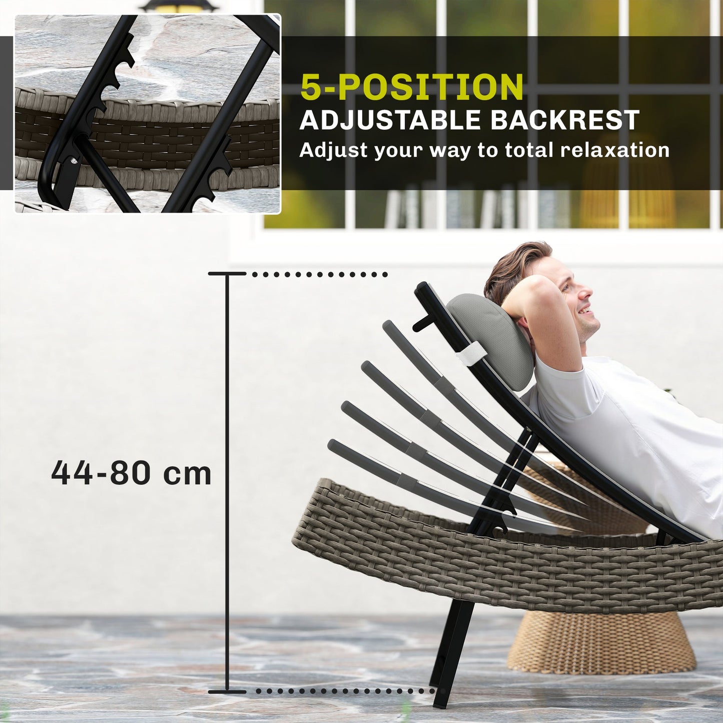 Rattan Sun Lounger, 5 Position Adjustable Garden Lounger Recliner with S Shaped Texteline Seat and Headrest, Reclining Outdoor Sunbed with Metal Frame for Patio, Terrace, Light Grey