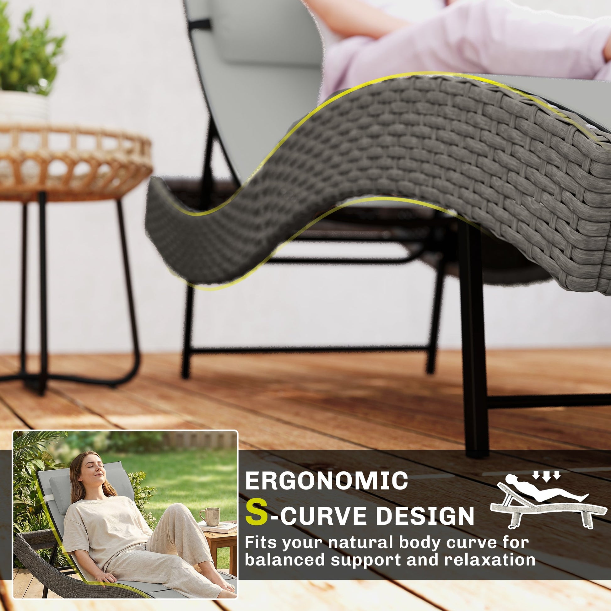 Rattan Sun Lounger, 5 Position Adjustable Garden Lounger Recliner with S Shaped Texteline Seat and Headrest, Reclining Outdoor Sunbed with Metal Frame for Patio, Terrace, Light Grey