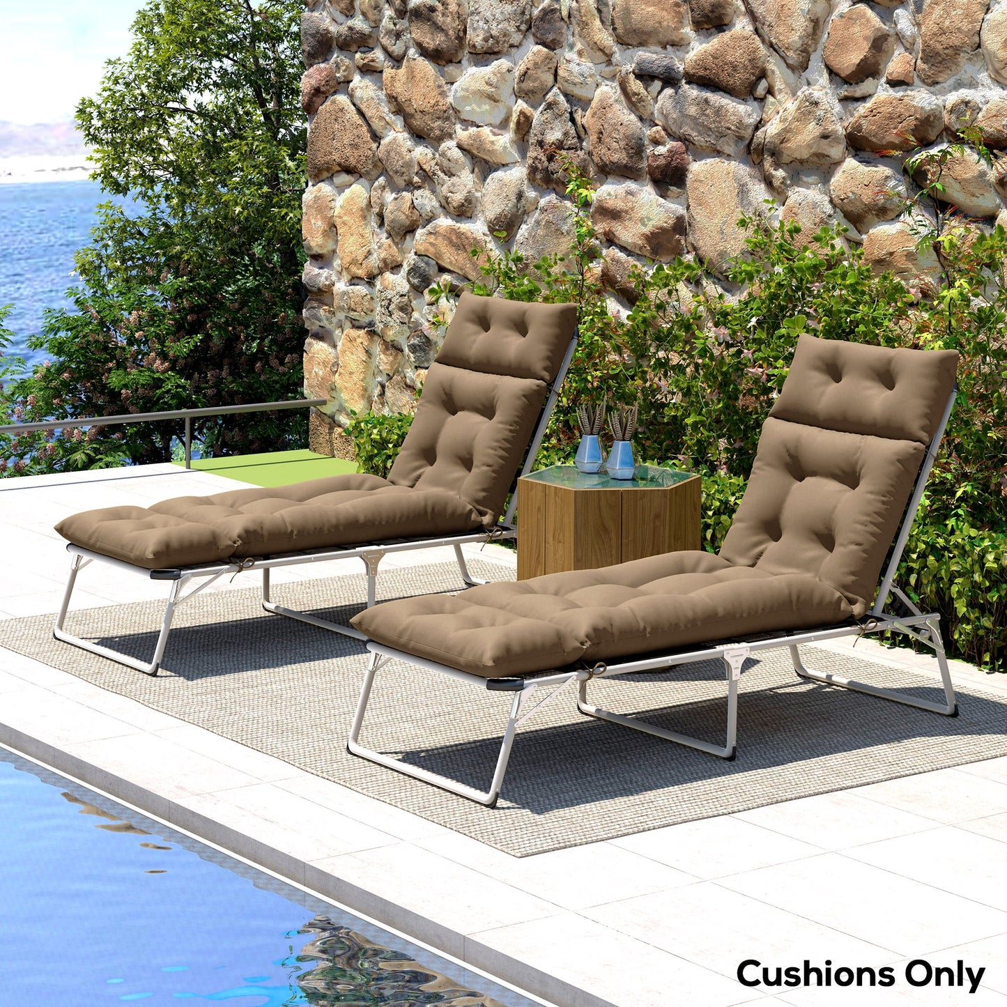 Sun Lounger Cushions Only, 190x56x10cm Garden Lounge Chair Cushions Set of 2, UPF20+ 220gsm Fabric, Thick Sunbed Replacement Pads with 6 Ties, Khaki