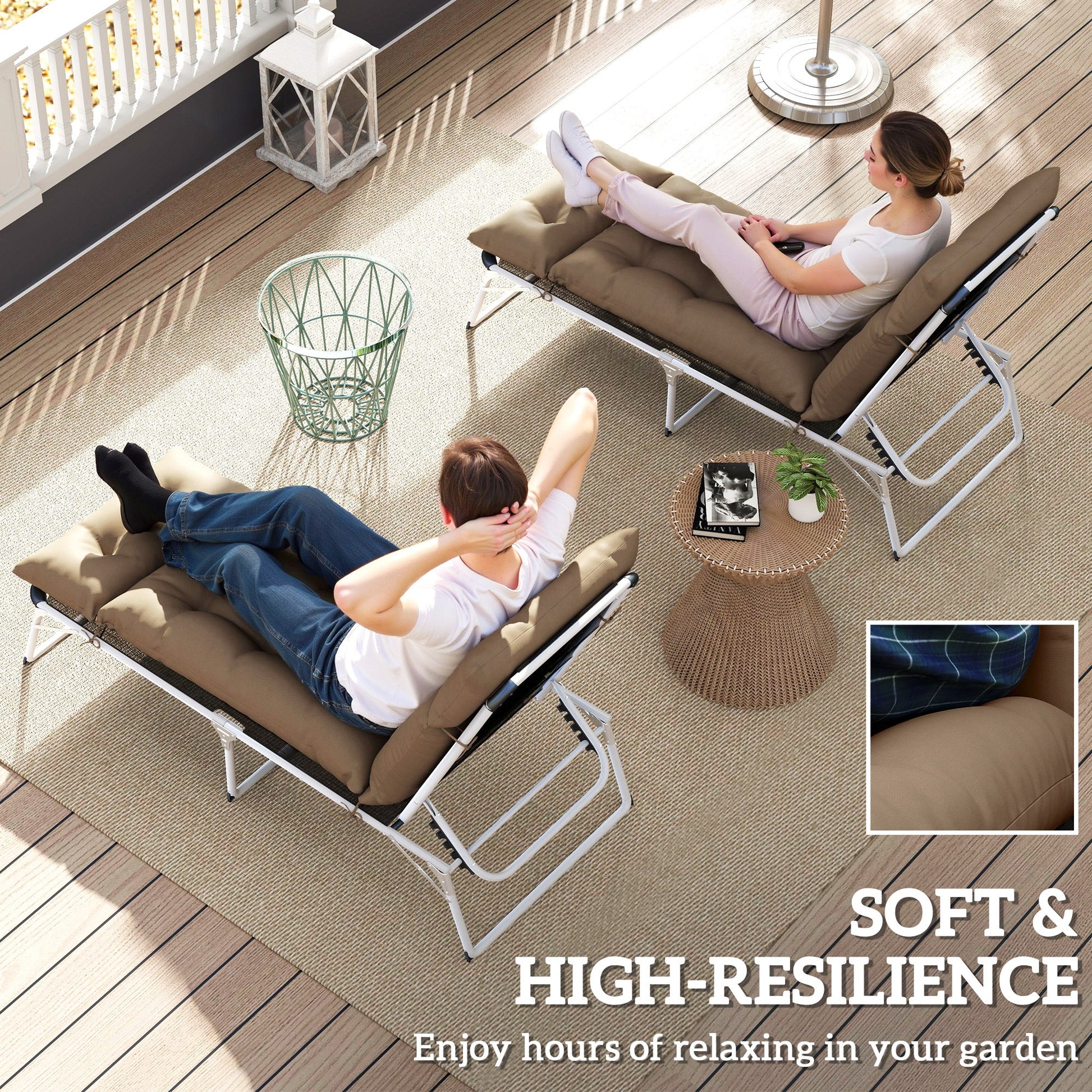Sun Lounger Cushions Only, 190x56x10cm Garden Lounge Chair Cushions Set of 2, UPF20+ 220gsm Fabric, Thick Sunbed Replacement Pads with 6 Ties, Khaki