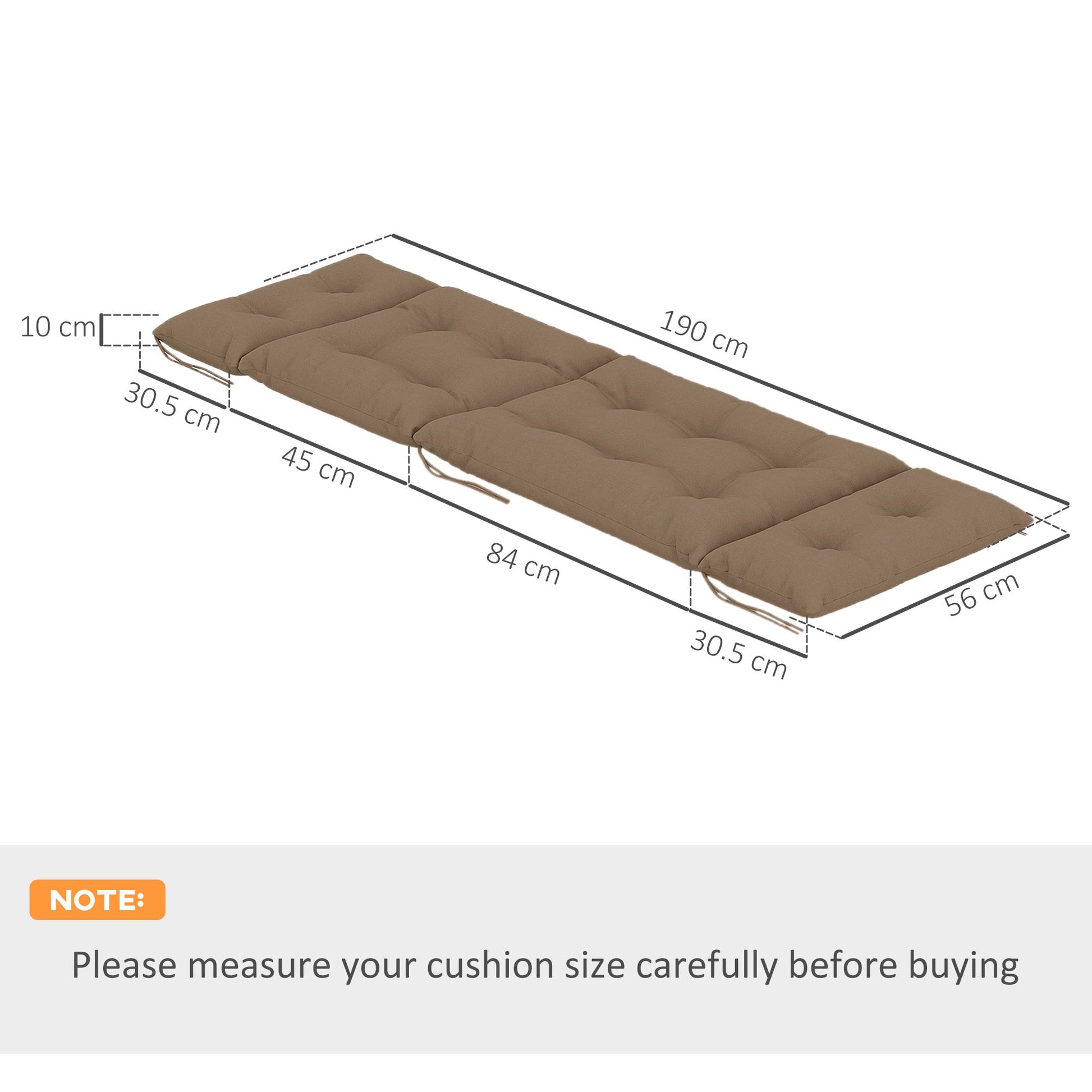 Sun Lounger Cushions Only, 190x56x10cm Garden Lounge Chair Cushions Set of 2, UPF20+ 220gsm Fabric, Thick Sunbed Replacement Pads with 6 Ties, Khaki