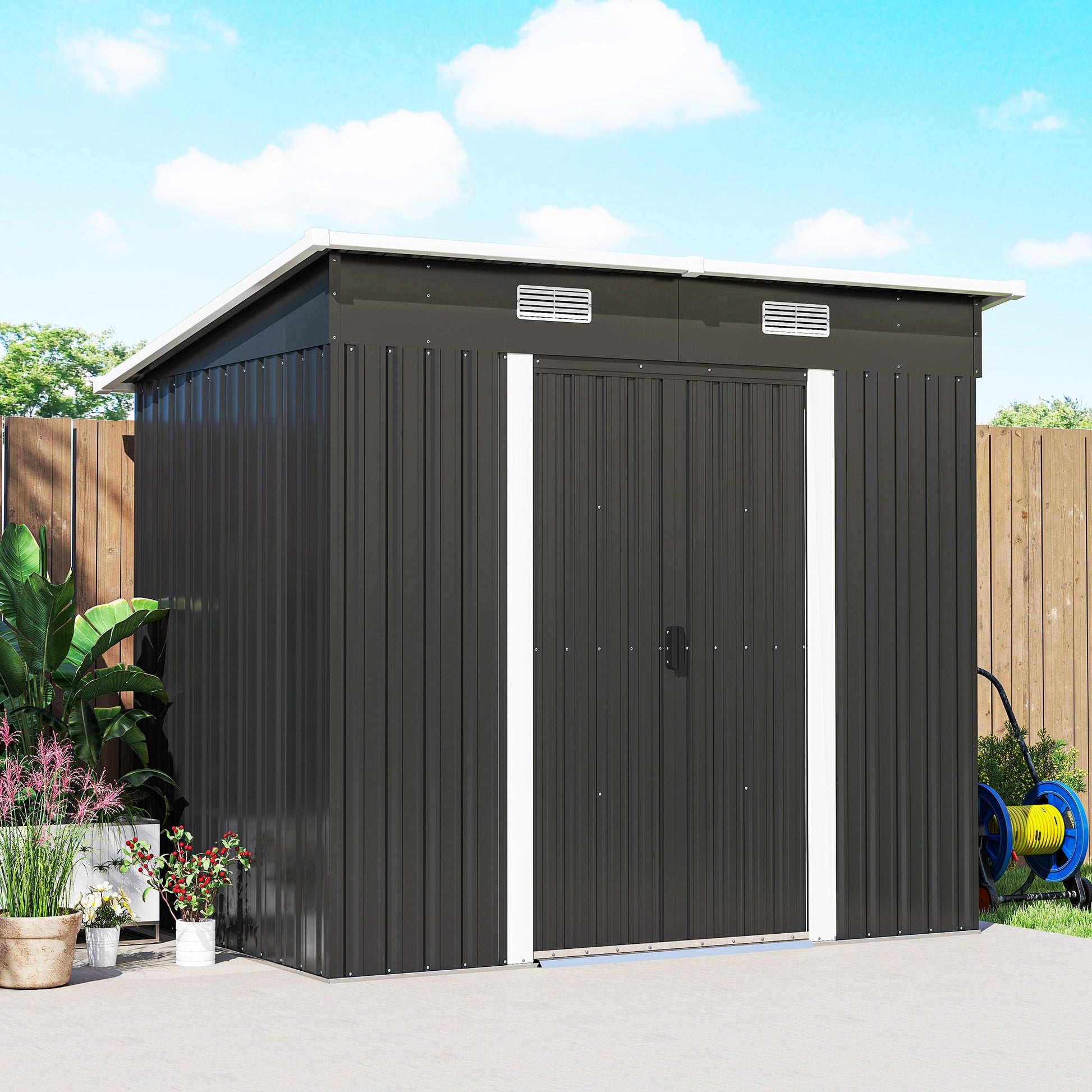 7 x 4ft Outdoor Storage Shed with Foundation Kit, Lean to Metal Garden Shed for Log, Rubbish Bin, Tool, Lawnmower, Bike, Patio Use, Black