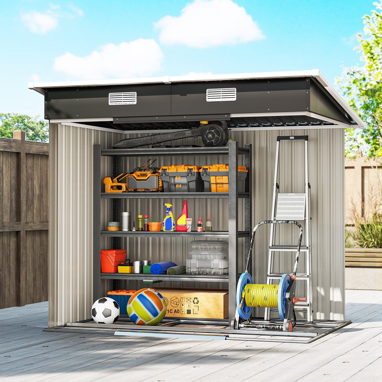 7 x 4ft Outdoor Storage Shed with Foundation Kit, Lean to Metal Garden Shed for Log, Rubbish Bin, Tool, Lawnmower, Bike, Patio Use, Black