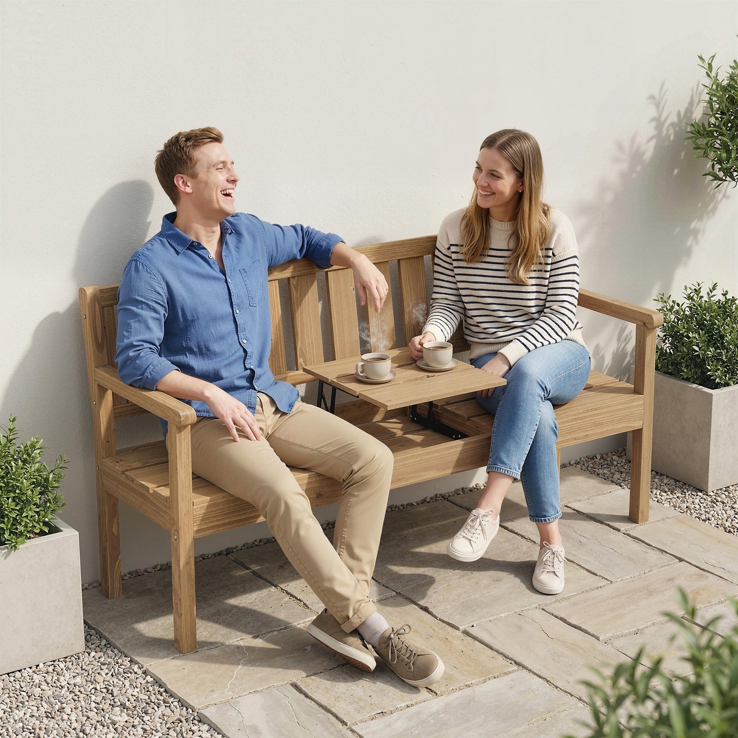 Wooden Garden Loveseat with Liftable Table and Hidden Storage Shelf, 2-3-Seater Outdoor Bench, Fir Wood Jack and Jill Garden Seat with Armrests for Patio, Porch, Teak