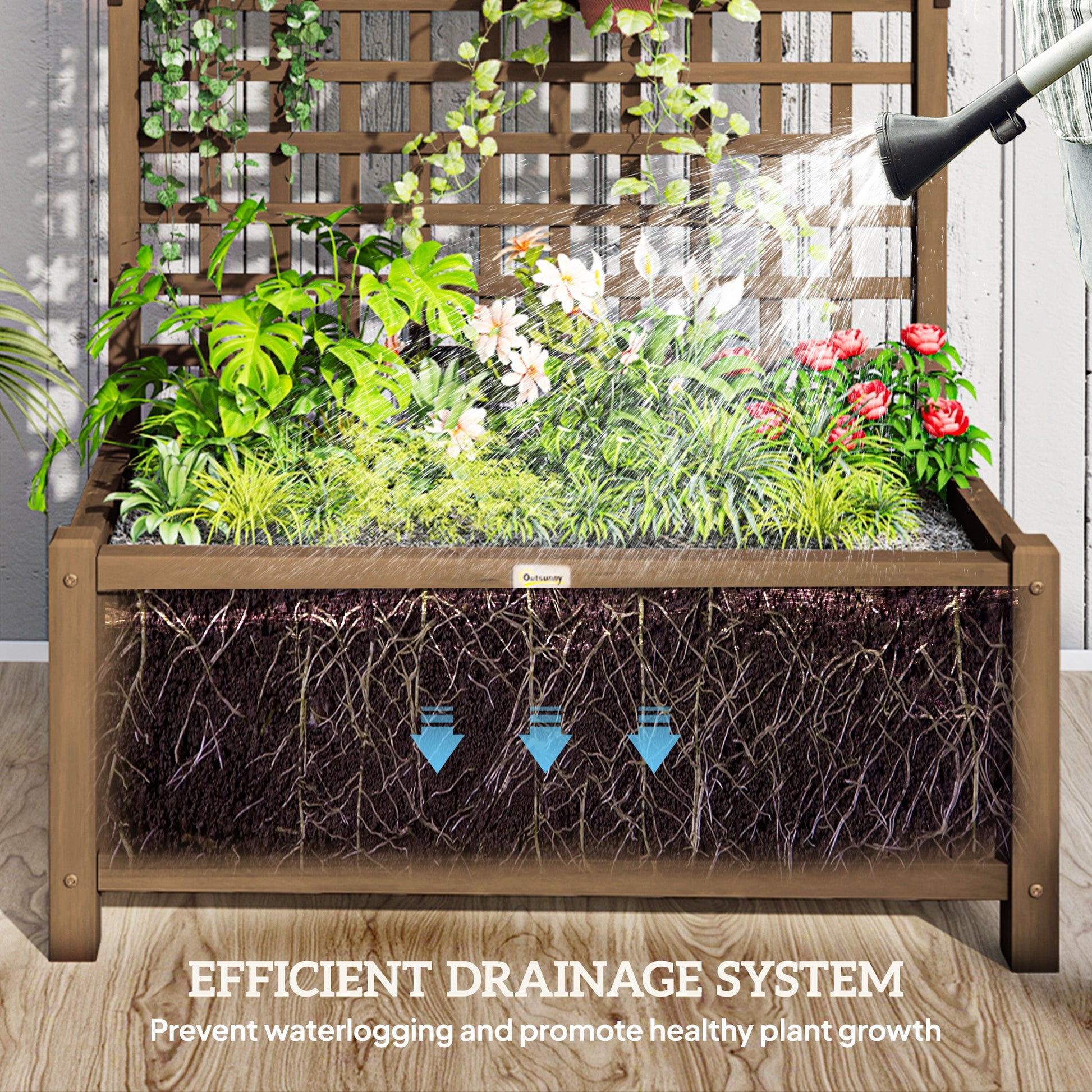 Wood Planter with Trellis for Climbing Plants, Raised Bed, Planter Box with Drainage Holes to Grow Vegetables, Herbs and Flowers for Garden, Patio, Yard, Brown