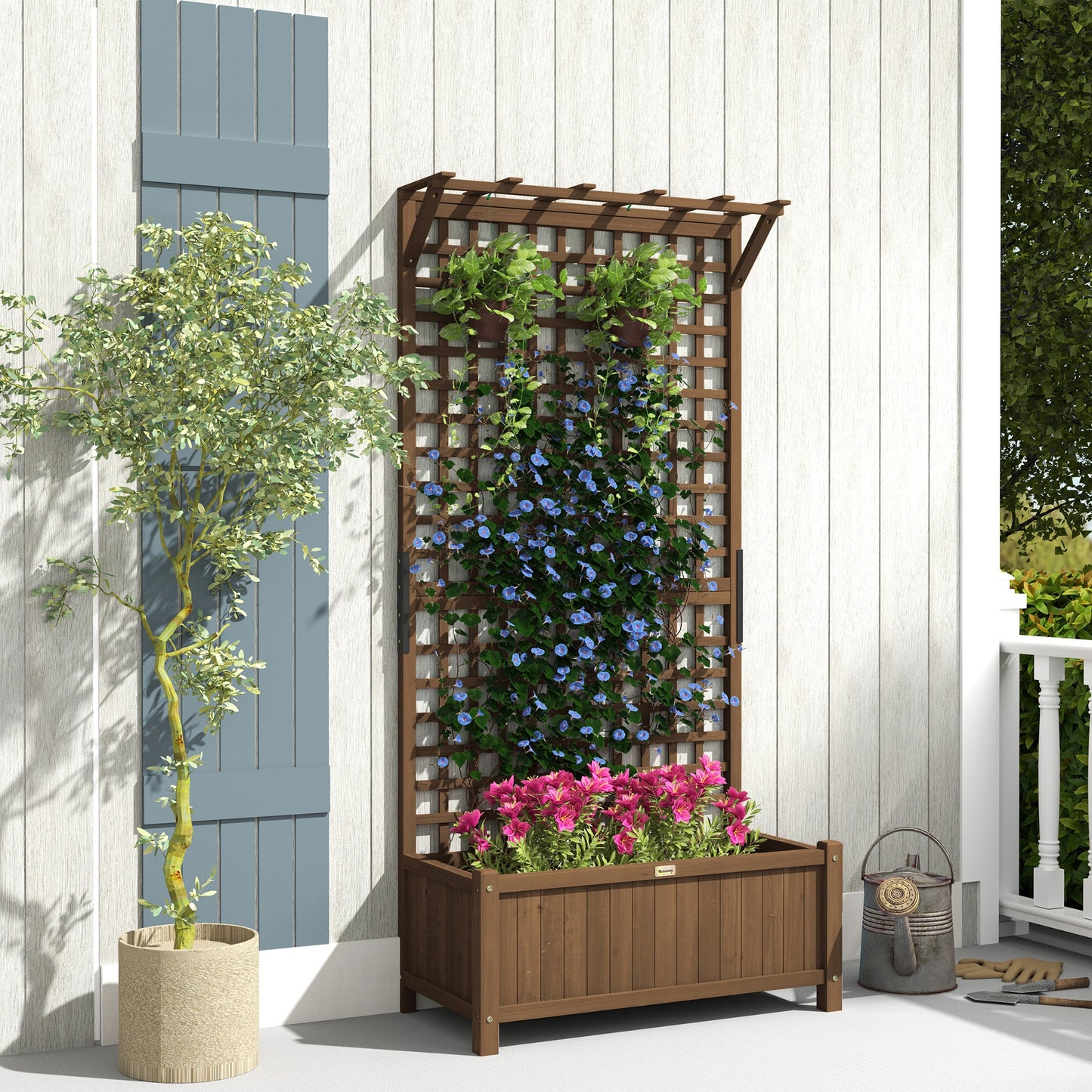 Wood Planter with Trellis for Climbing Plants, Raised Bed, Planter Box with Drainage Holes to Grow Vegetables, Herbs and Flowers for Garden, Patio, Yard, Brown