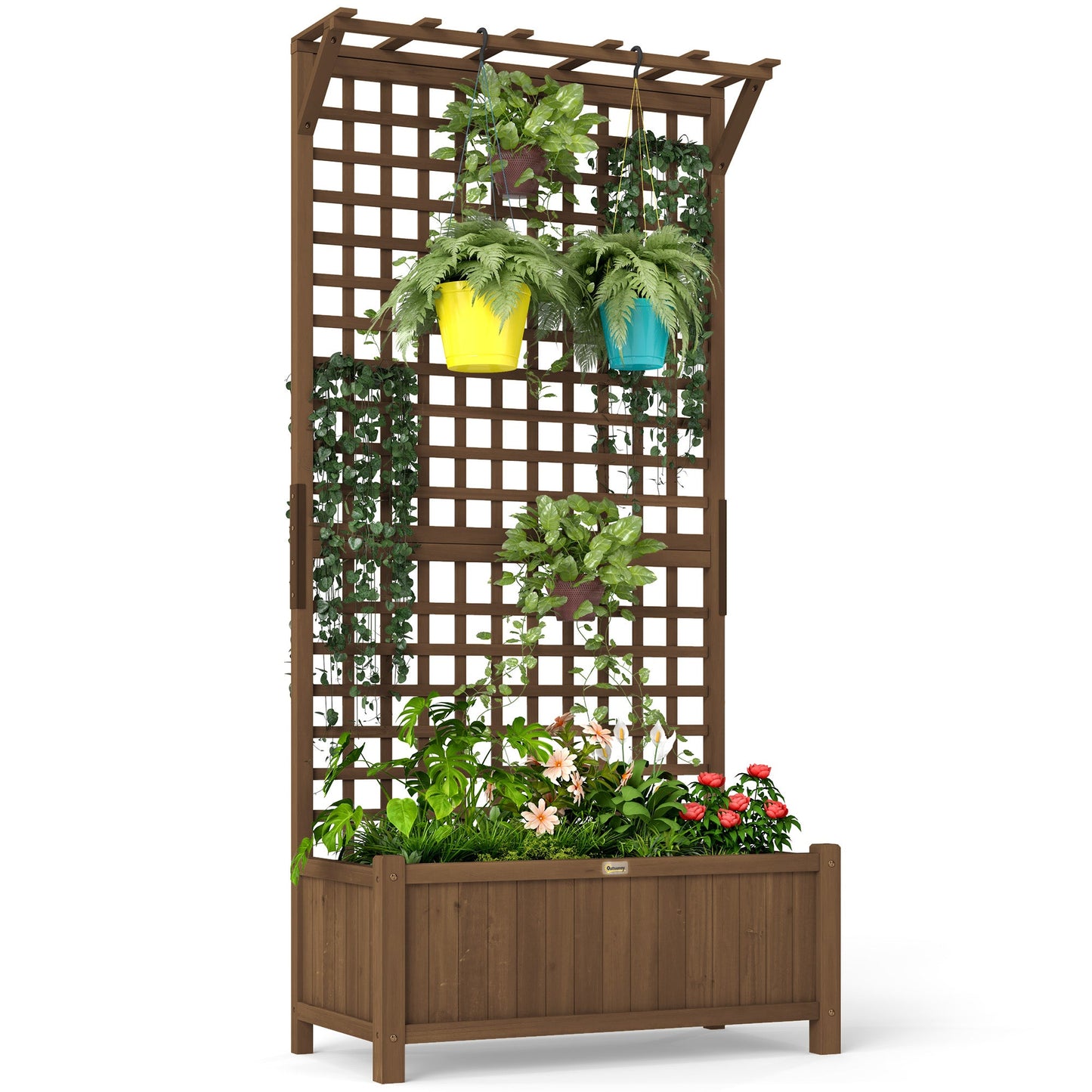 Wood Planter with Trellis for Climbing Plants, Raised Bed, Planter Box with Drainage Holes to Grow Vegetables, Herbs and Flowers for Garden, Patio, Yard, Brown