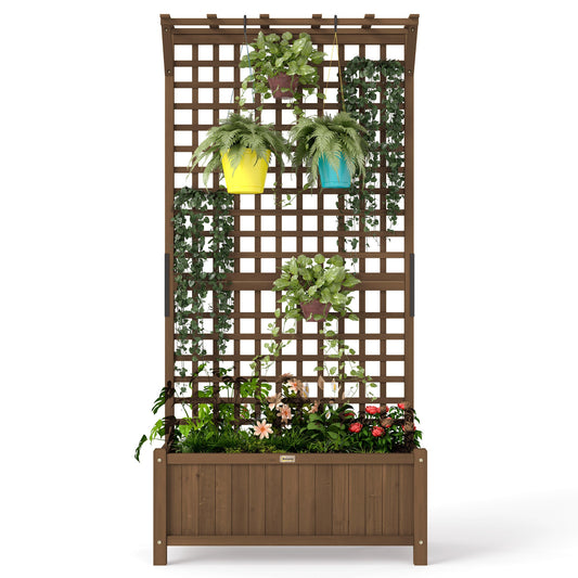 Wood Planter with Trellis for Climbing Plants, Raised Bed, Planter Box with Drainage Holes to Grow Vegetables, Herbs and Flowers for Garden, Patio, Yard, Brown