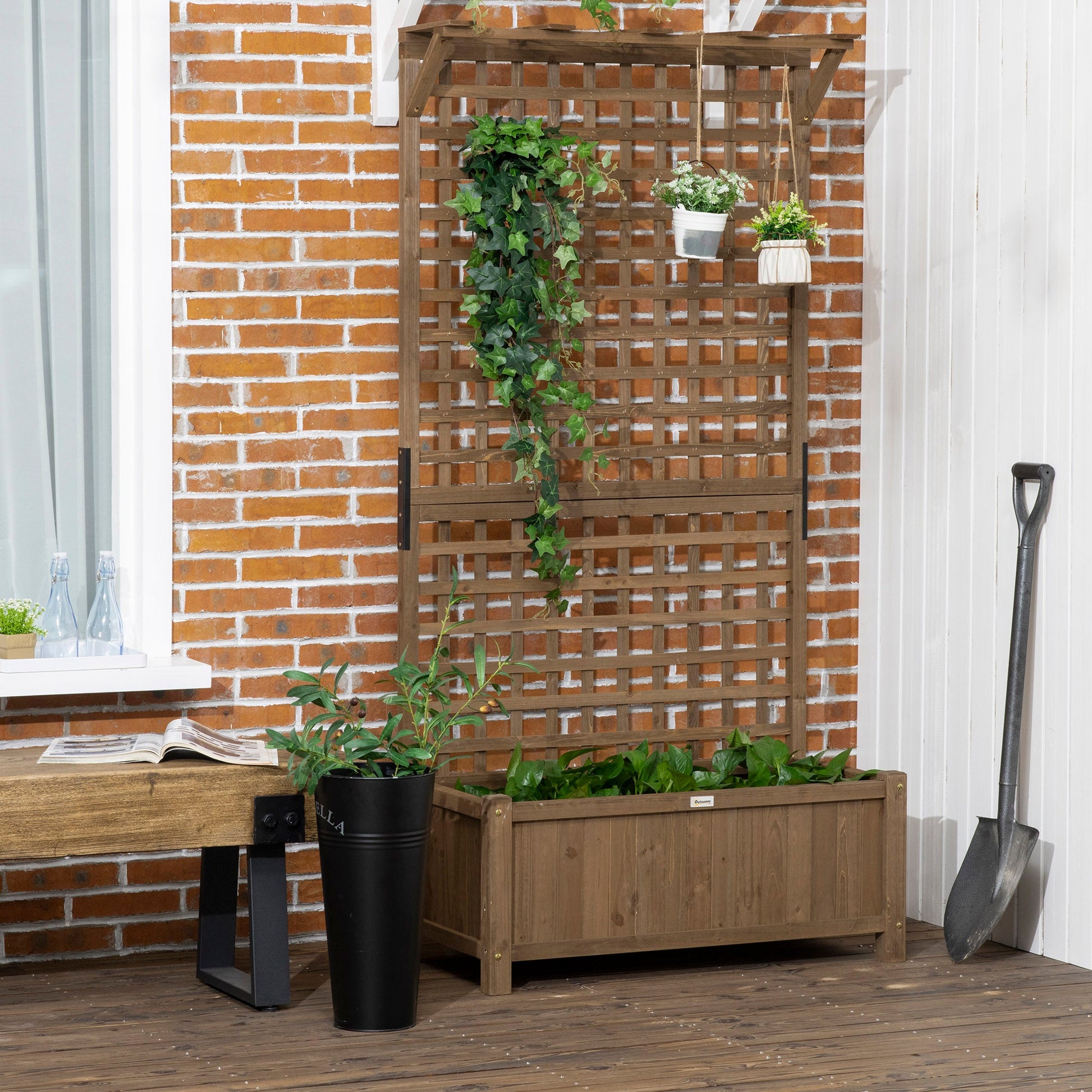 Wood Planter with Trellis for Climbing Plants, Raised Bed, Planter Box with Drainage Holes to Grow Vegetables, Herbs and Flowers for Garden, Patio, Yard, Brown