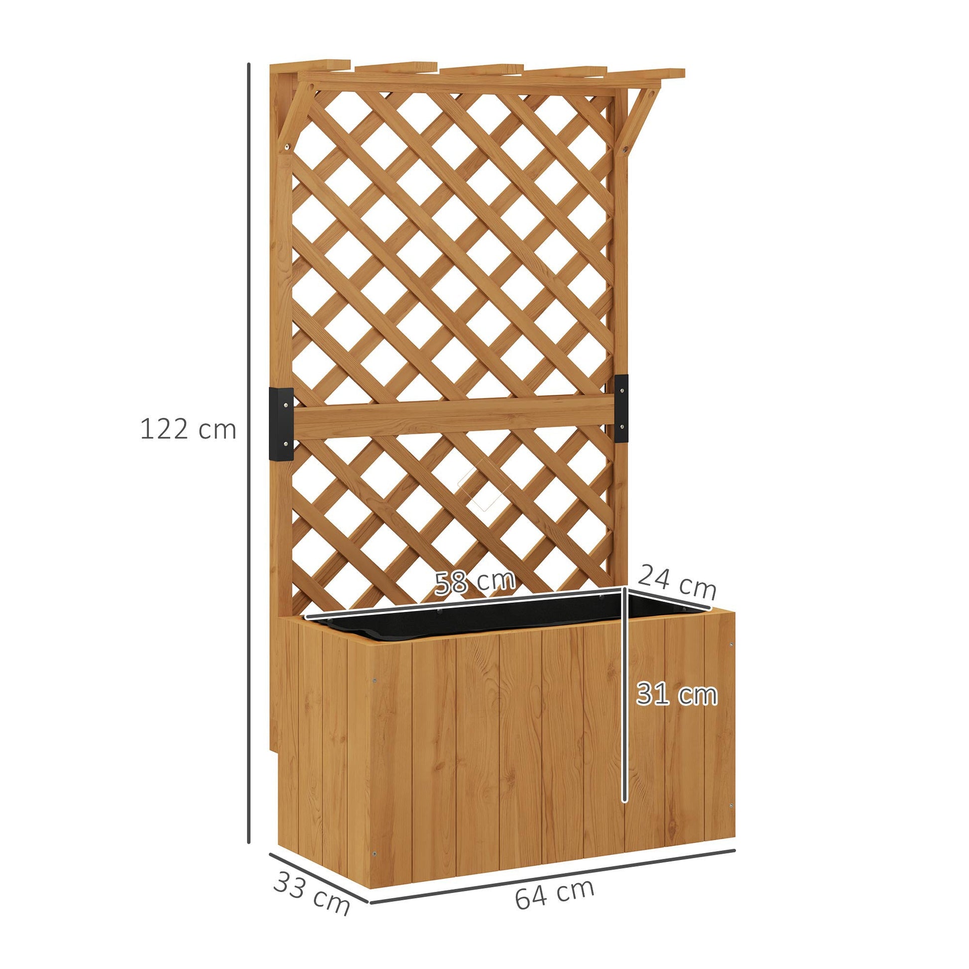 Wooden Planter with Trellis, Freestanding Raised Garden Bed with Drainage Holes, Outdoor Planter Box with Liner for Vegetables, Herbs and Flowers, Natural