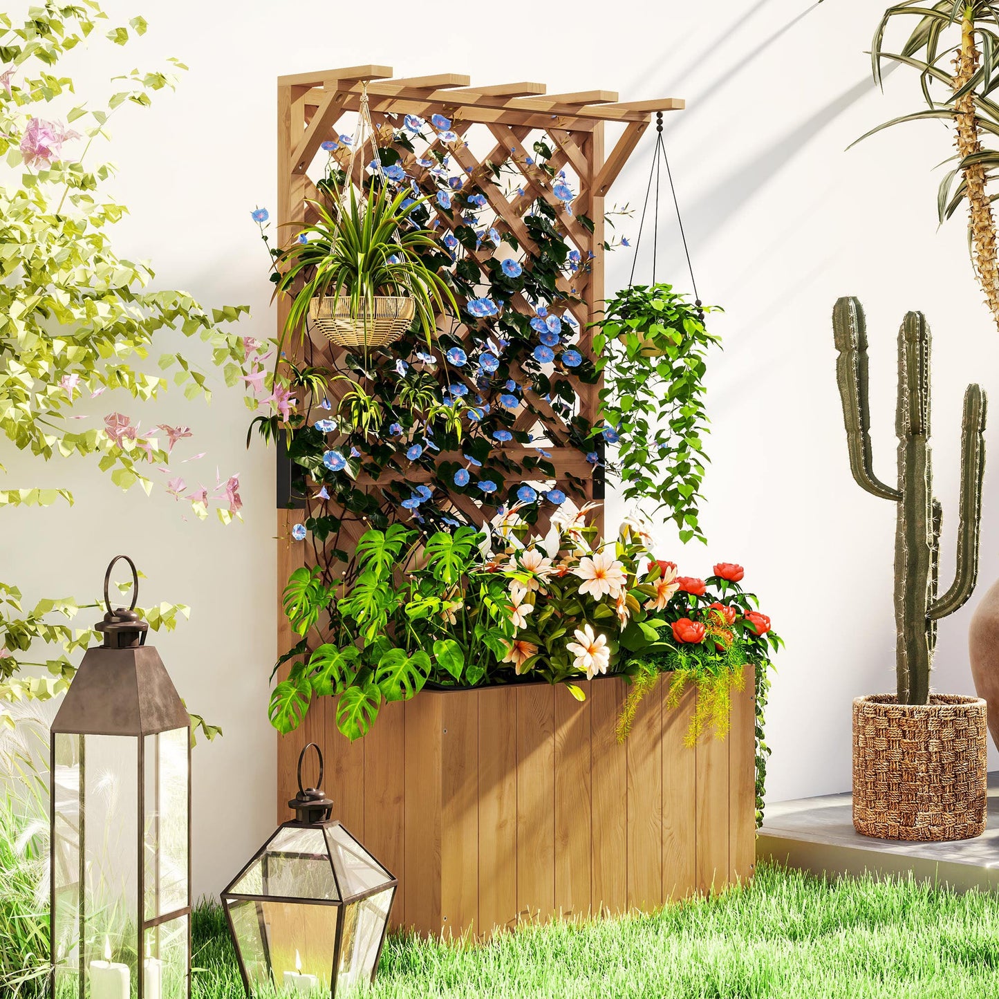 Wooden Planter with Trellis, Freestanding Raised Garden Bed with Drainage Holes, Outdoor Planter Box with Liner for Vegetables, Herbs and Flowers, Natural