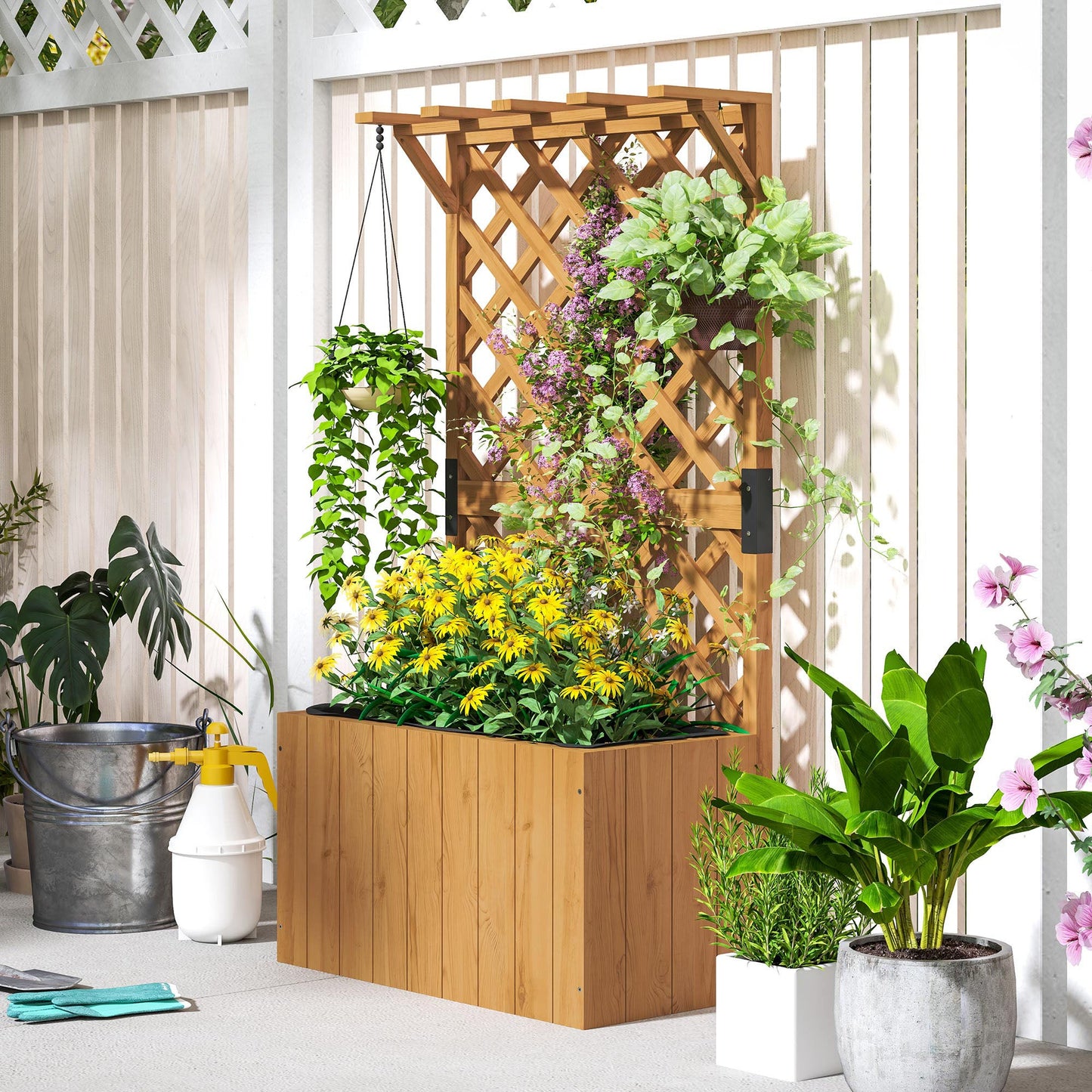 Wooden Planter with Trellis, Freestanding Raised Garden Bed with Drainage Holes, Outdoor Planter Box with Liner for Vegetables, Herbs and Flowers, Natural