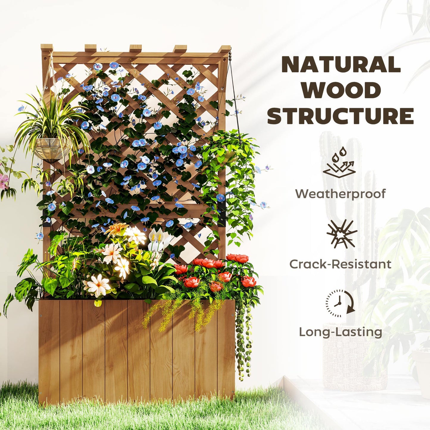 Wooden Planter with Trellis, Freestanding Raised Garden Bed with Drainage Holes, Outdoor Planter Box with Liner for Vegetables, Herbs and Flowers, Natural