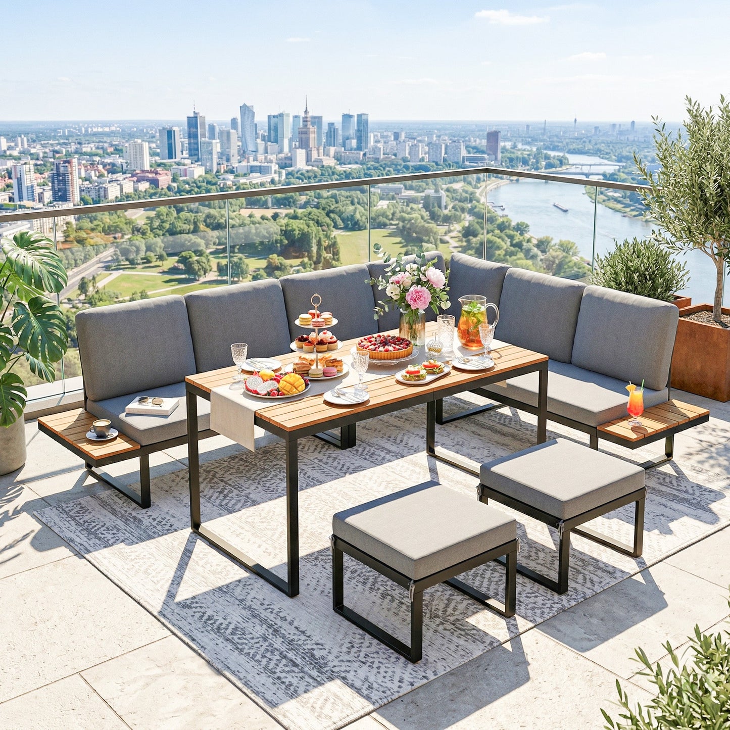 6-Piece Garden Corner Sofa Set with Cushions, 6-8 Seater Aluminium Garden Furniture Set with Coffee Table, Patio Sectional Conservatory Furniture for Patio & Terrace, Grey