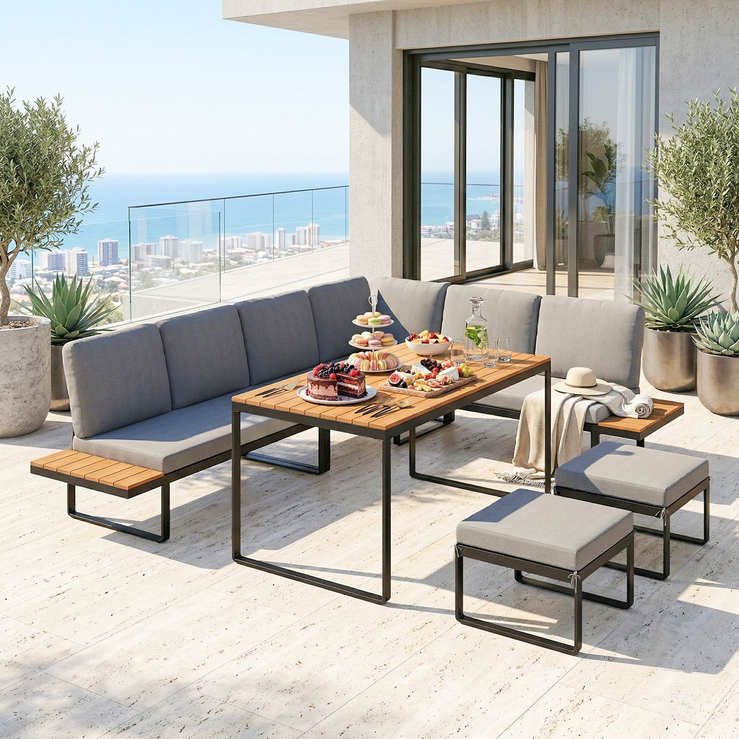 6-Piece Garden Corner Sofa Set with Cushions, 6-8 Seater Aluminium Garden Furniture Set with Coffee Table, Patio Sectional Conservatory Furniture for Patio & Terrace, Grey
