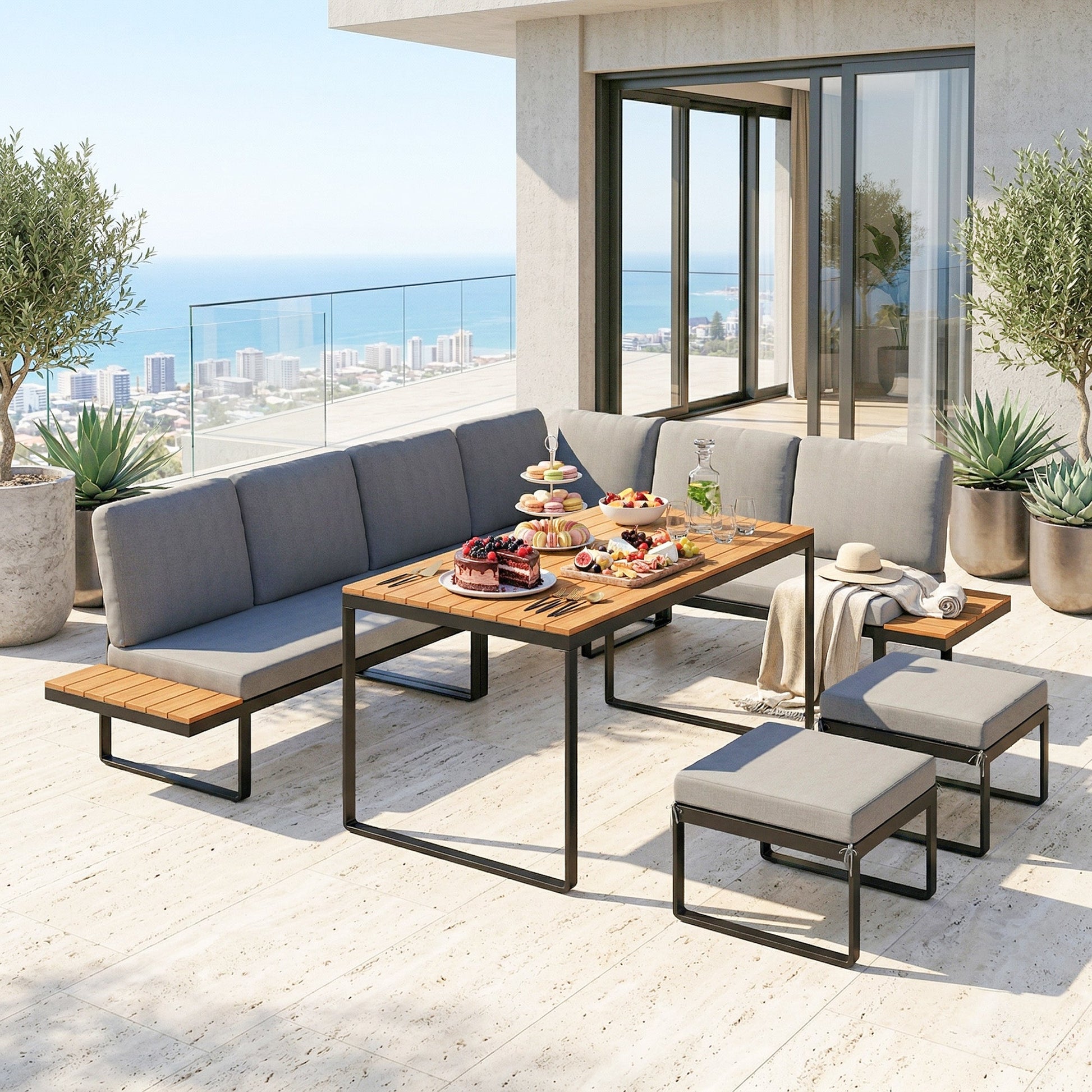 6-Piece Garden Corner Sofa Set with Cushions, 6-8 Seater Aluminium Garden Furniture Set with Coffee Table, Patio Sectional Conservatory Furniture for Patio & Terrace, Grey