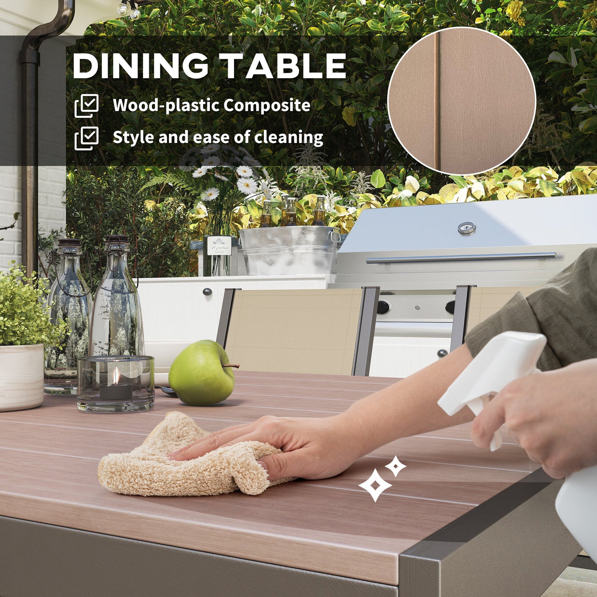 Garden Dining Set for 6, Garden Table and Stackable Chairs, 6 Seater Garden Furniture with Rectangular WPC Top Dining Table and Texteline Fabric for Outdoor, Patio, Khaki