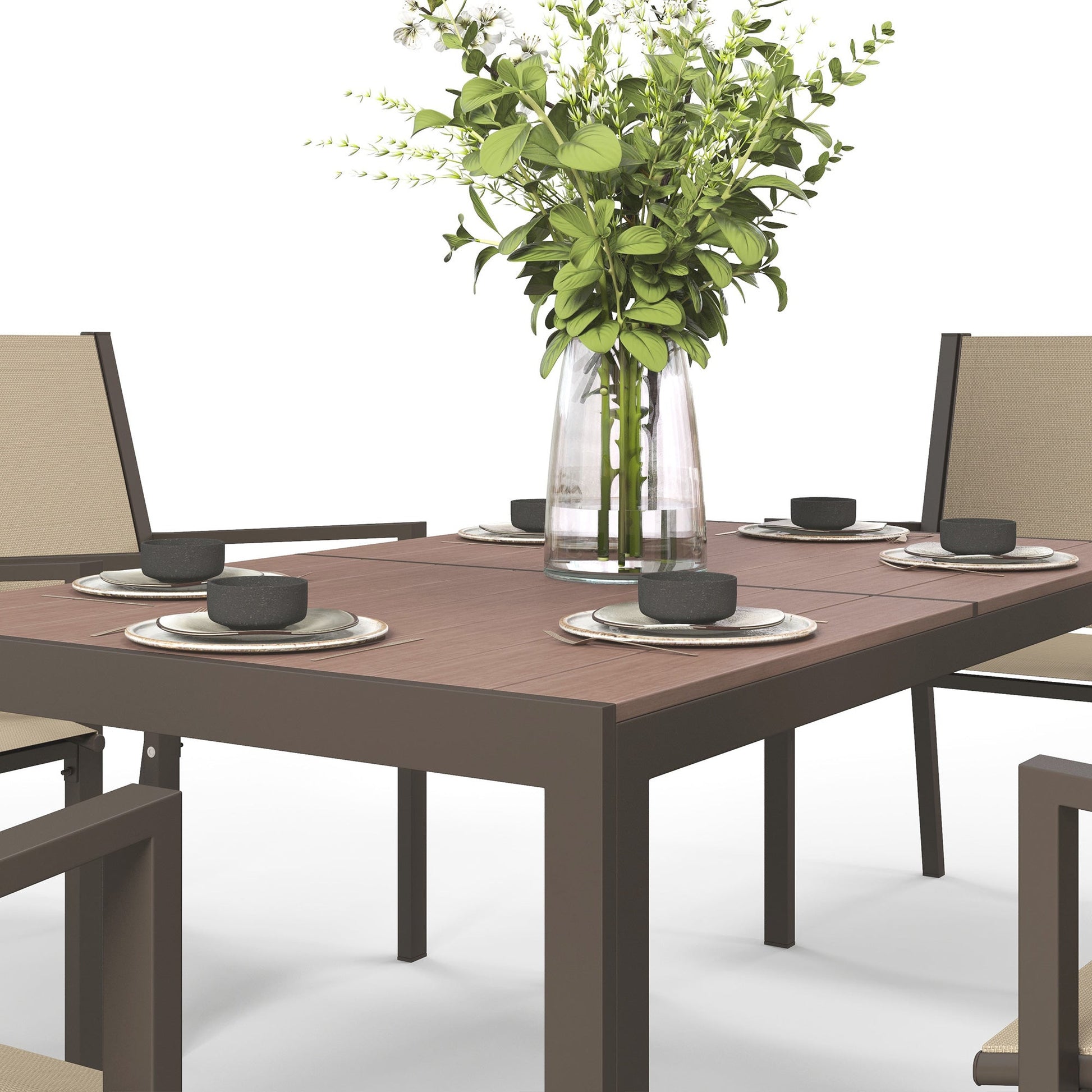 Garden Dining Set for 6, Garden Table and Stackable Chairs, 6 Seater Garden Furniture with Rectangular WPC Top Dining Table and Texteline Fabric for Outdoor, Patio, Khaki