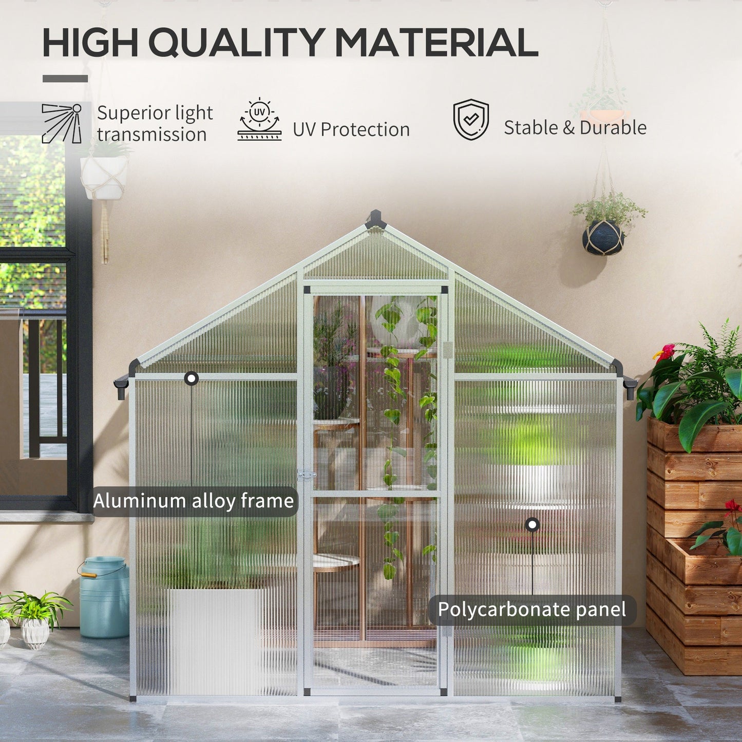 6 x 6ft Polycarbonate Greenhouse with Rain Gutters, Large Walk-In Green House with Door and Window, Garden Plants Grow House with Aluminium Frame and Foundation