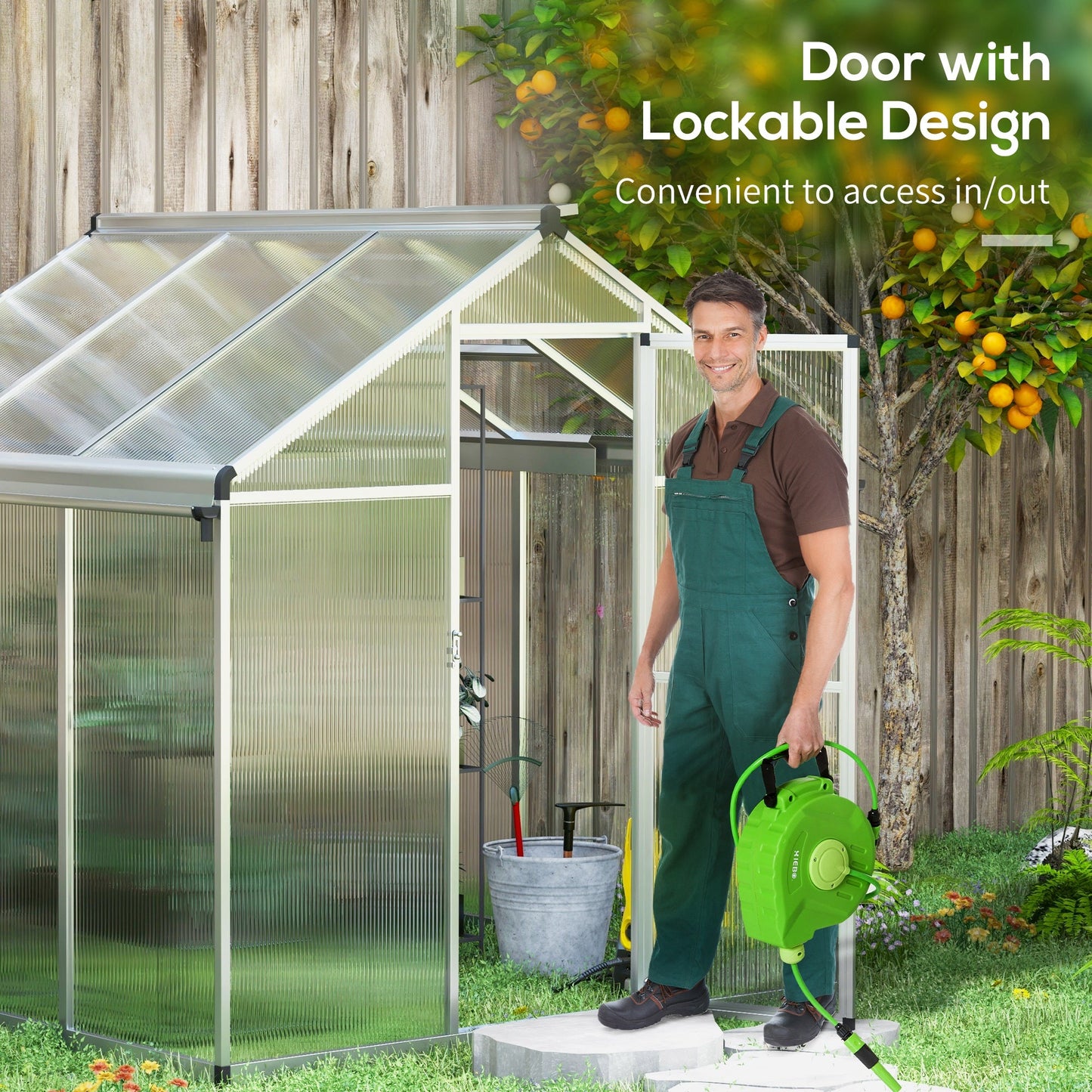 6 x 6ft Polycarbonate Greenhouse with Rain Gutters, Large Walk-In Green House with Door and Window, Garden Plants Grow House with Aluminium Frame and Foundation
