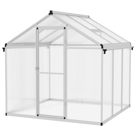 6 x 6ft Polycarbonate Greenhouse with Rain Gutters, Large Walk-In Green House with Door and Window, Garden Plants Grow House with Aluminium Frame and Foundation