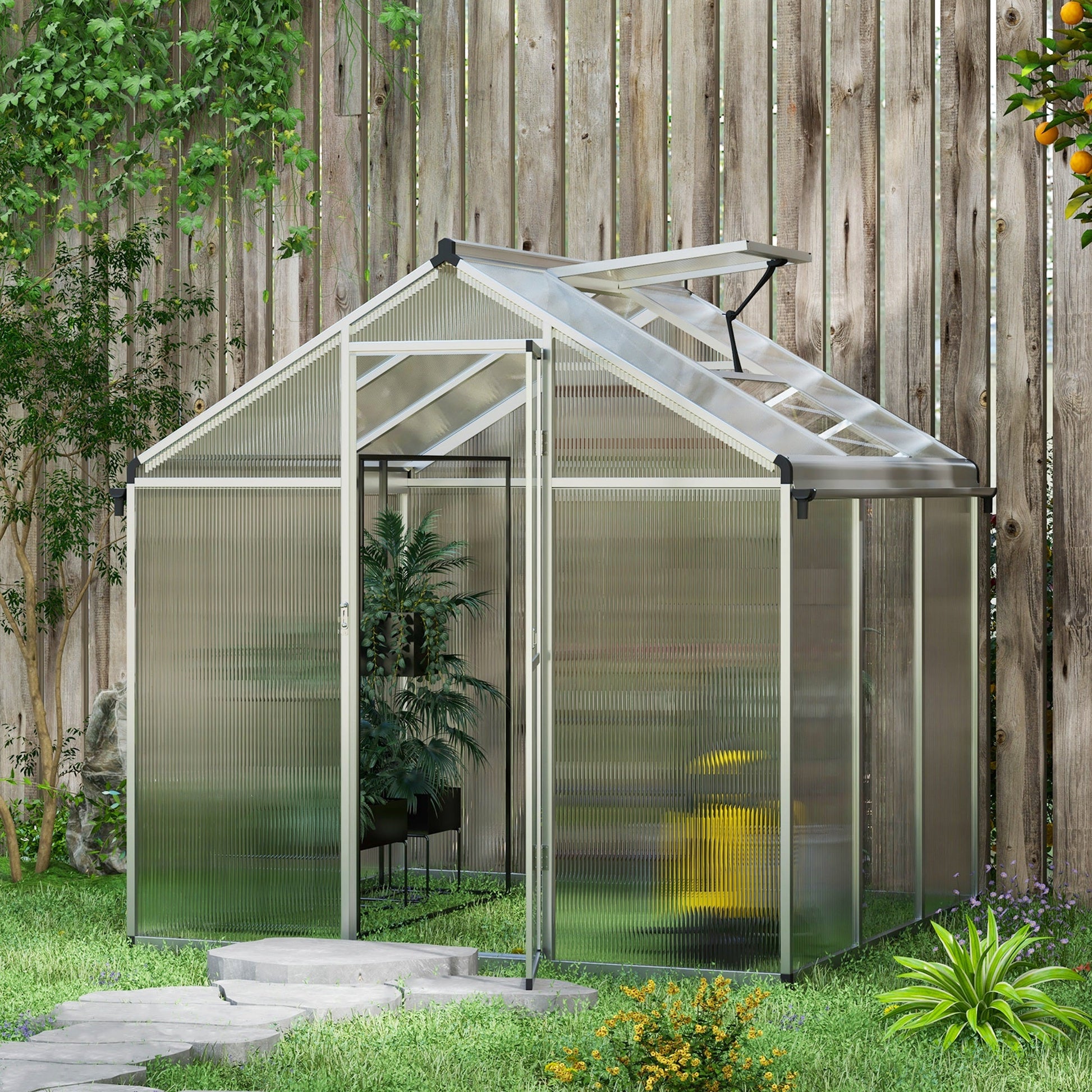 6 x 6ft Polycarbonate Greenhouse with Rain Gutters, Large Walk-In Green House with Door and Window, Garden Plants Grow House with Aluminium Frame and Foundation