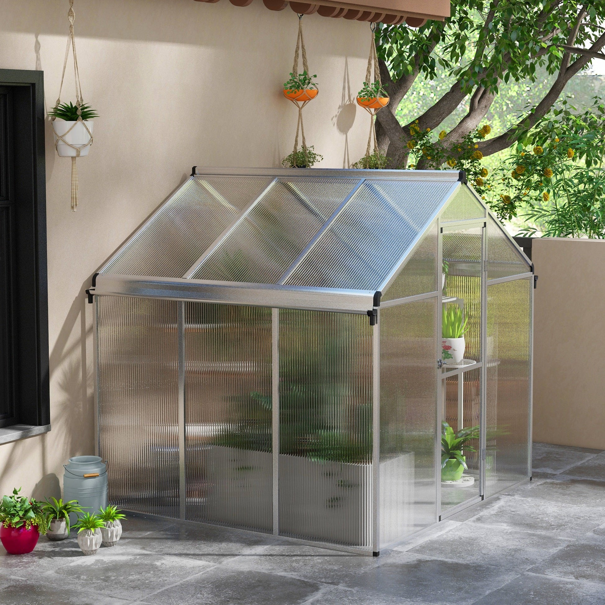 6 x 6ft Polycarbonate Greenhouse with Rain Gutters, Large Walk-In Green House with Door and Window, Garden Plants Grow House with Aluminium Frame and Foundation