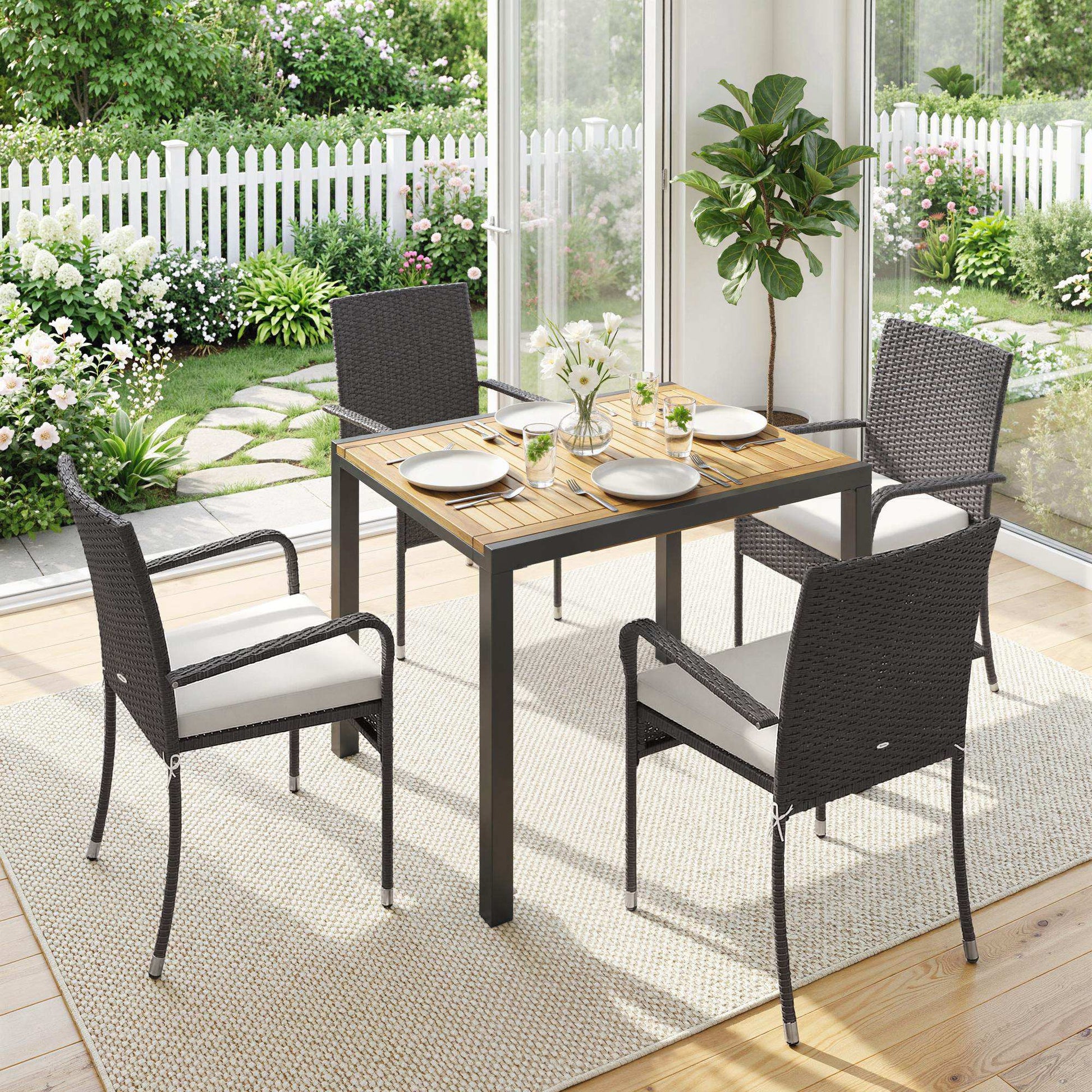 7 Piece Rattan Garden Furniture Set, 6 Seater Garden Table and 6 Stackable Chairs with Extendable Acacia Wood Tabletop, All-Weather Outdoor Furniture with Cushions for Patio, Cream White