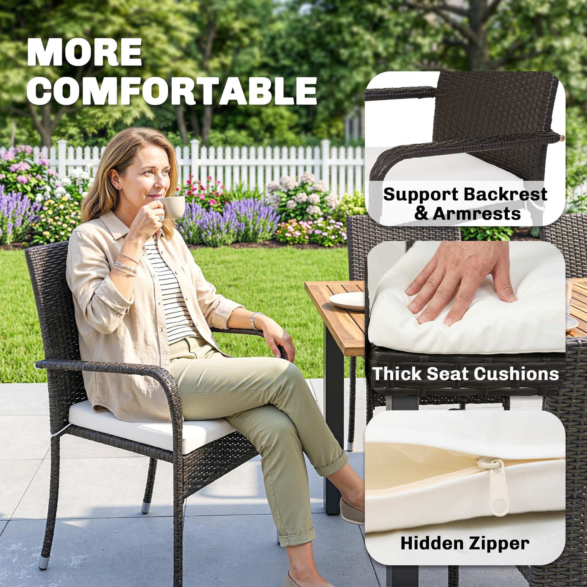 7 Piece Rattan Garden Furniture Set, 6 Seater Garden Table and 6 Stackable Chairs with Extendable Acacia Wood Tabletop, All-Weather Outdoor Furniture with Cushions for Patio, Cream White