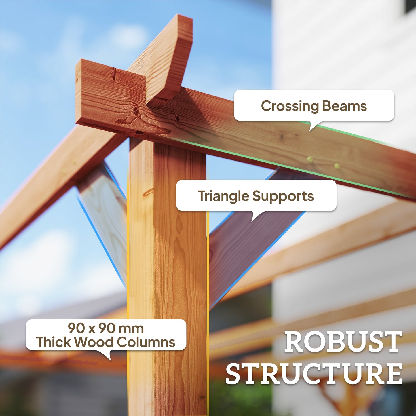 3 x 3 m Wooden Pergola Kit, Garden Pergola Gazebo Grape Trellis with Triangle Supports, 5 Crossing Beams for Climbing Vines, Flowers, Sun Shade Shelter for Grill, Patio, Maple Wood-effect