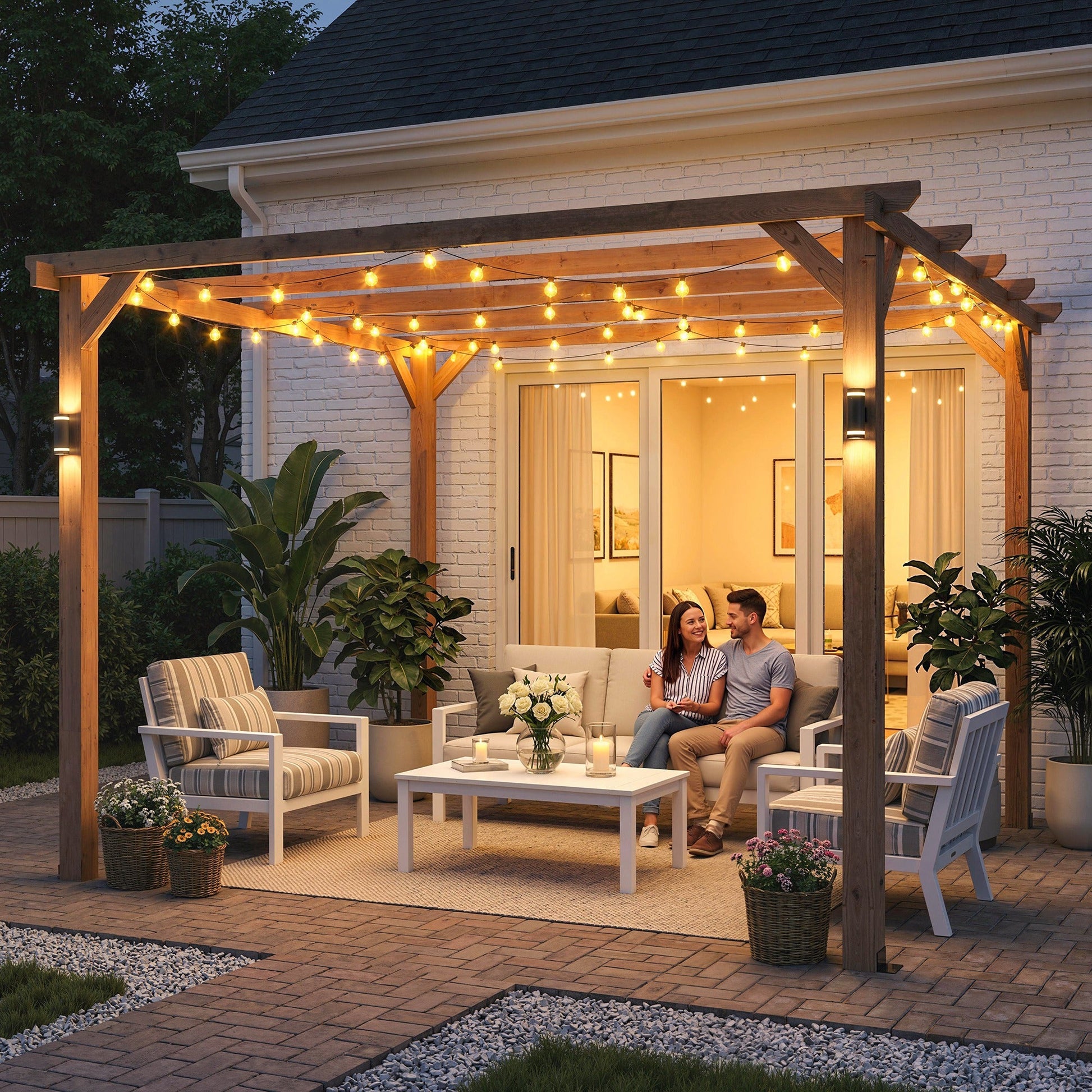 3 x 3 m Wooden Pergola Kit, Garden Pergola Gazebo Grape Trellis with Triangle Supports, 5 Crossing Beams for Climbing Vines, Flowers, Sun Shade Shelter for Grill, Patio, Maple Wood-effect