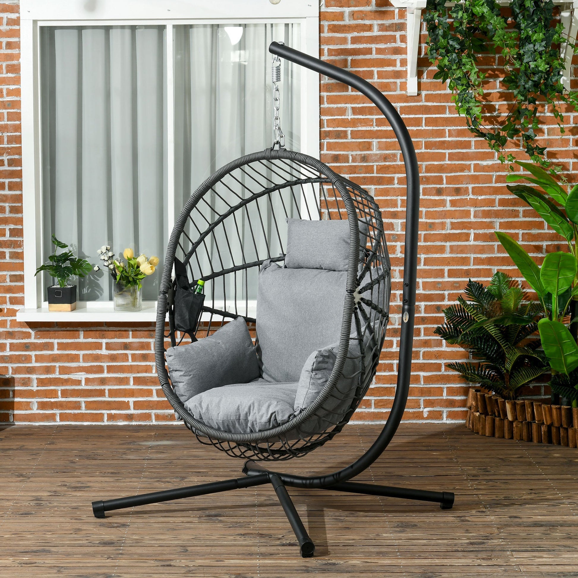 Outdoor Swing Chair with Thick Padded Cushion, Patio Hanging Chair with Metal Stand, Foldable Basket Egg Chair with Cup Holder, Rope Structure, for Indoor and Outdoor, Grey