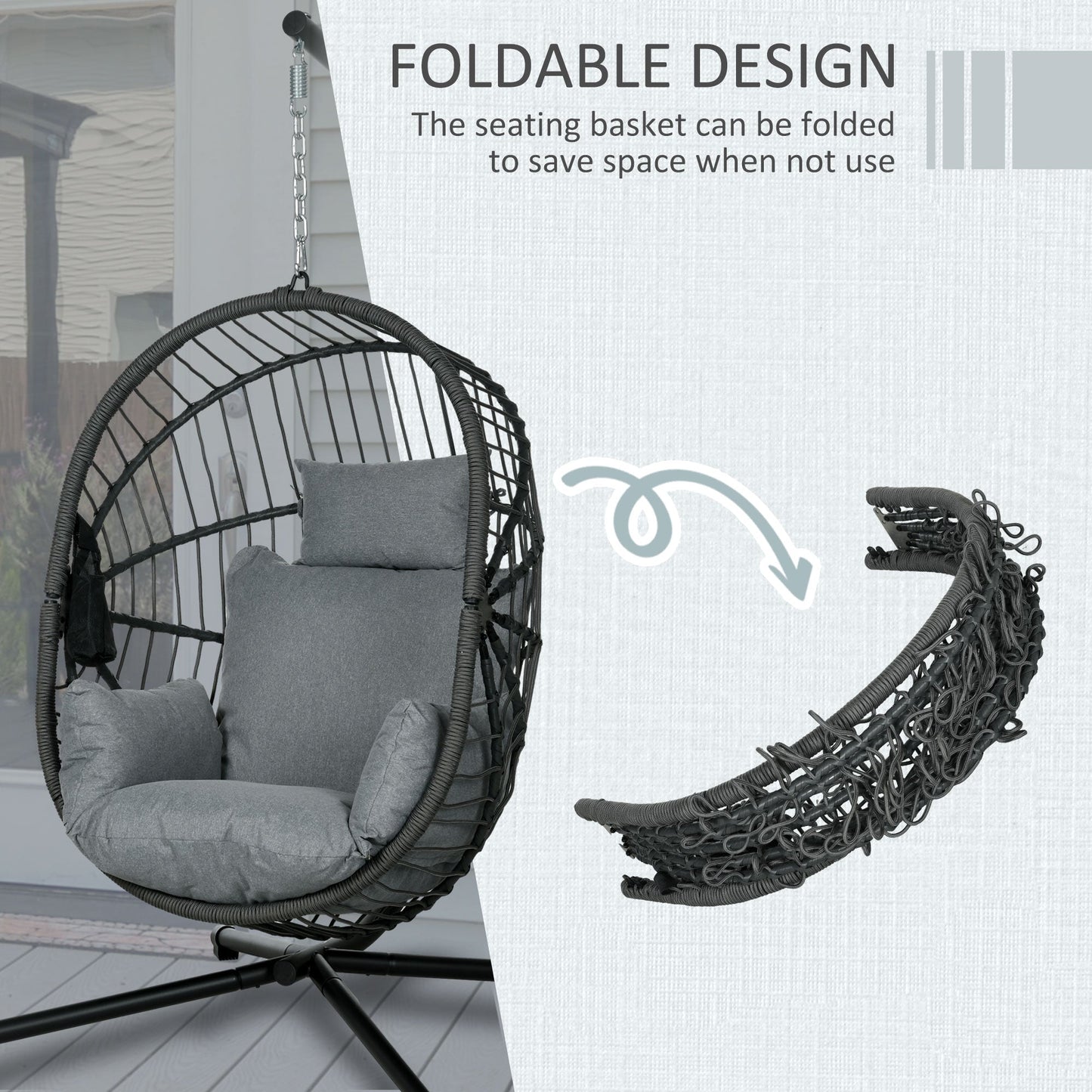 Outdoor Swing Chair with Thick Padded Cushion, Patio Hanging Chair with Metal Stand, Foldable Basket Egg Chair with Cup Holder, Rope Structure, for Indoor and Outdoor, Grey