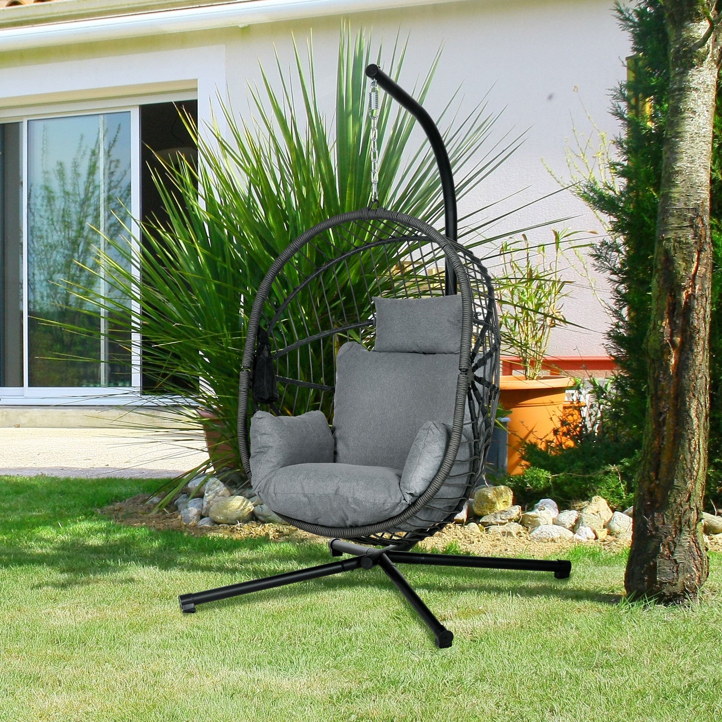 Outdoor Swing Chair with Thick Padded Cushion, Patio Hanging Chair with Metal Stand, Foldable Basket Egg Chair with Cup Holder, Rope Structure, for Indoor and Outdoor, Grey