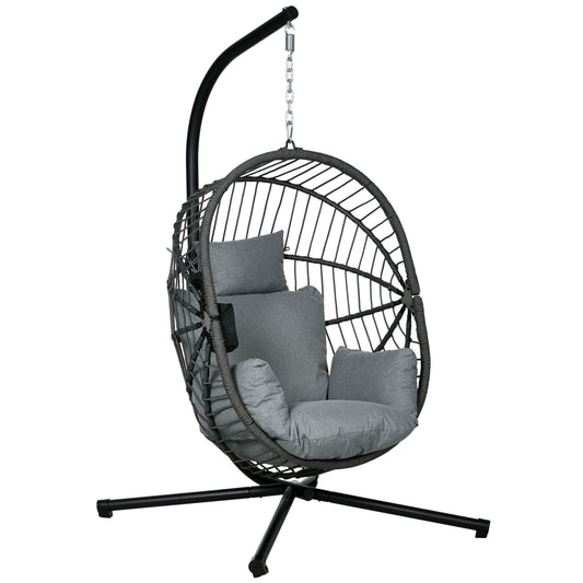 Outdoor Swing Chair with Thick Padded Cushion, Patio Hanging Chair with Metal Stand, Foldable Basket Egg Chair with Cup Holder, Rope Structure, for Indoor and Outdoor, Grey