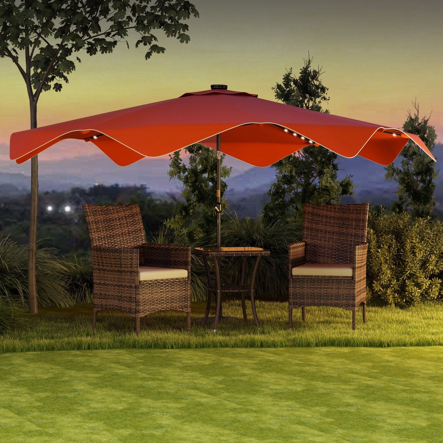 3(m) Garden Parasol Umbrella with 32 Solar LED Lights and Tilt, Outdoor Market Table Umbrella Sun Shade Canopy with Crank, 8 Ribs, Orange