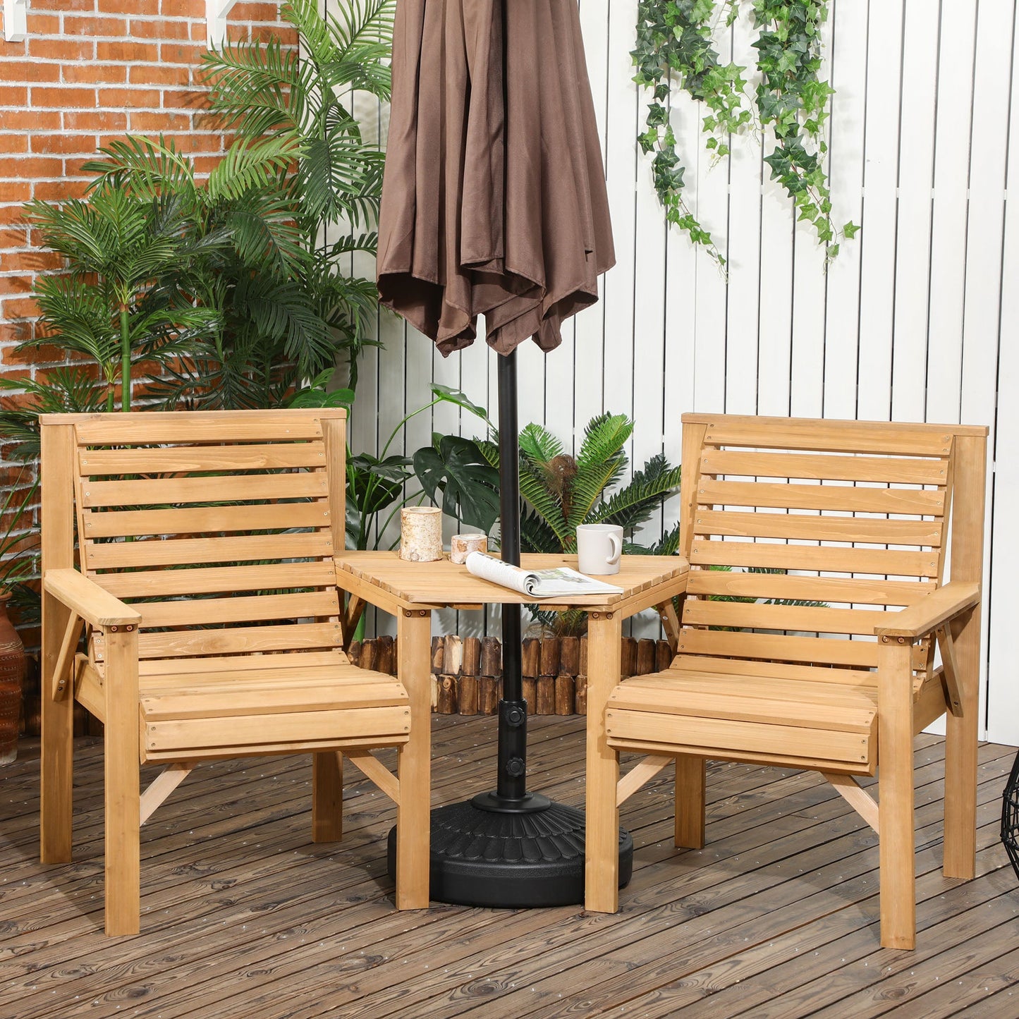 Wooden Garden Love Seat, 2 Seater Jack & Jill Companion Seat with Coffee Table and Parasol Hole, Partner Bench, Table and Chairs Set, Outdoor Furniture for Garden, Balcony, Patio, Brown