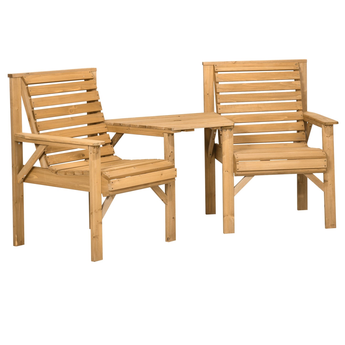 Wooden Garden Love Seat, 2 Seater Jack & Jill Companion Seat with Coffee Table and Parasol Hole, Partner Bench, Table and Chairs Set, Outdoor Furniture for Garden, Balcony, Patio, Brown