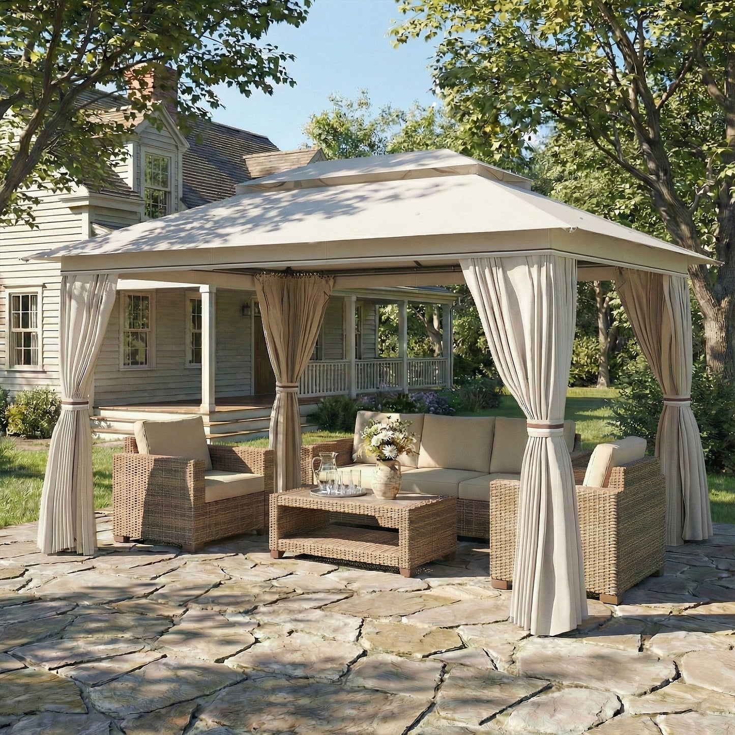 3 x 4 m Outdoor Garden Gazebo with Netting and Curtains, UPF50+ Double Roof Patio Gazebo Permanent Pavilion Canopy Shelter with Metal Frame, Drainage Holes, Beige