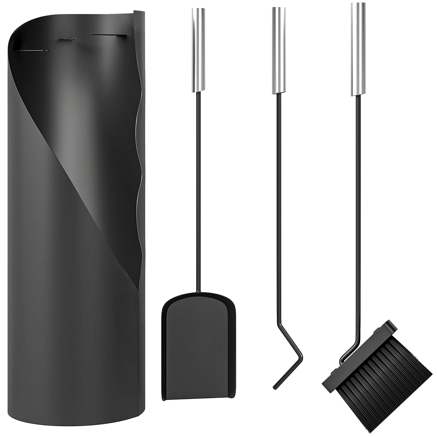 4 Pieces Fireplace Companion Set, Metal Fireplace Accessories Fireside Companion Set with Broom, Shovel, Poker and Bucket, Silver