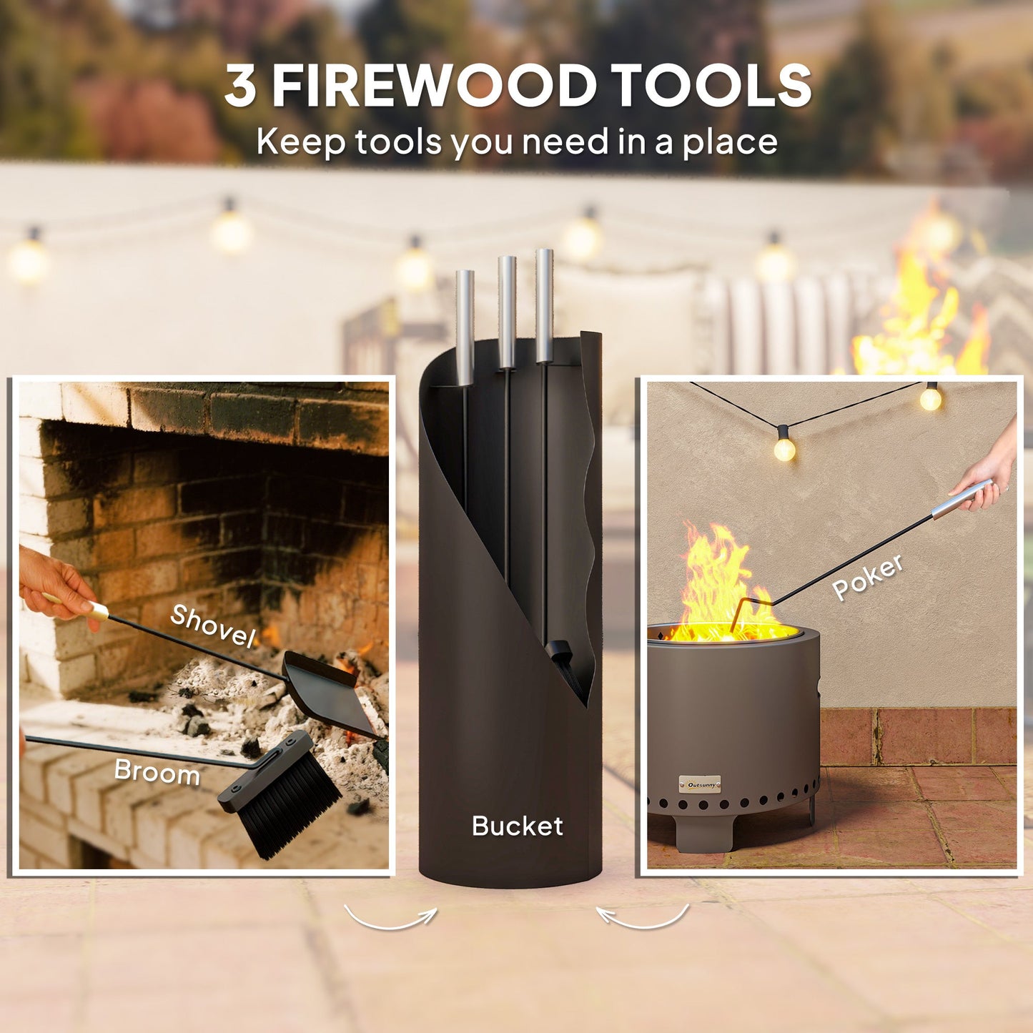 4 Pieces Fireplace Companion Set, Metal Fireplace Accessories Fireside Companion Set with Broom, Shovel, Poker and Bucket, Silver